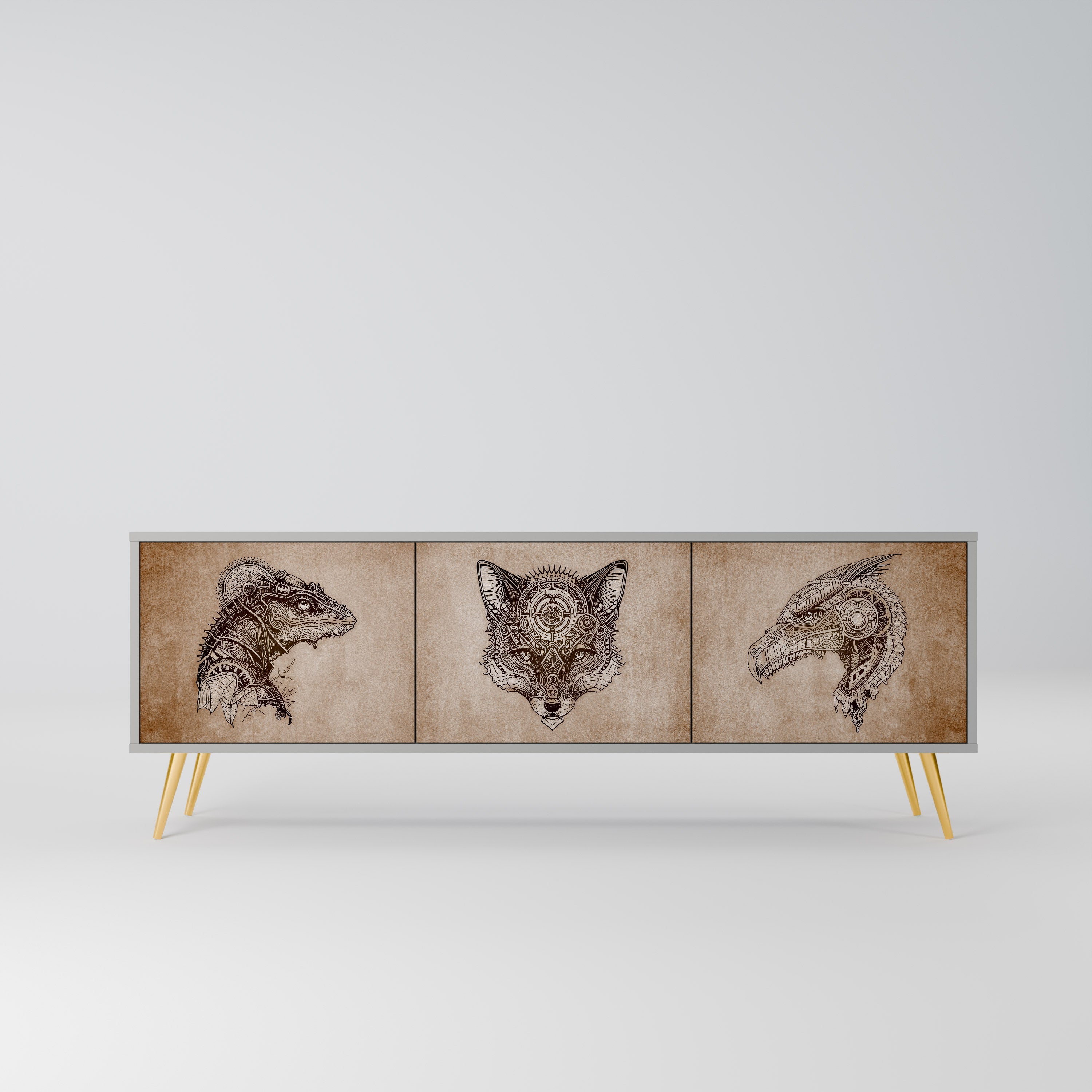 Meuble TV 3 portes STEAMPUNK CLAN, finition grise