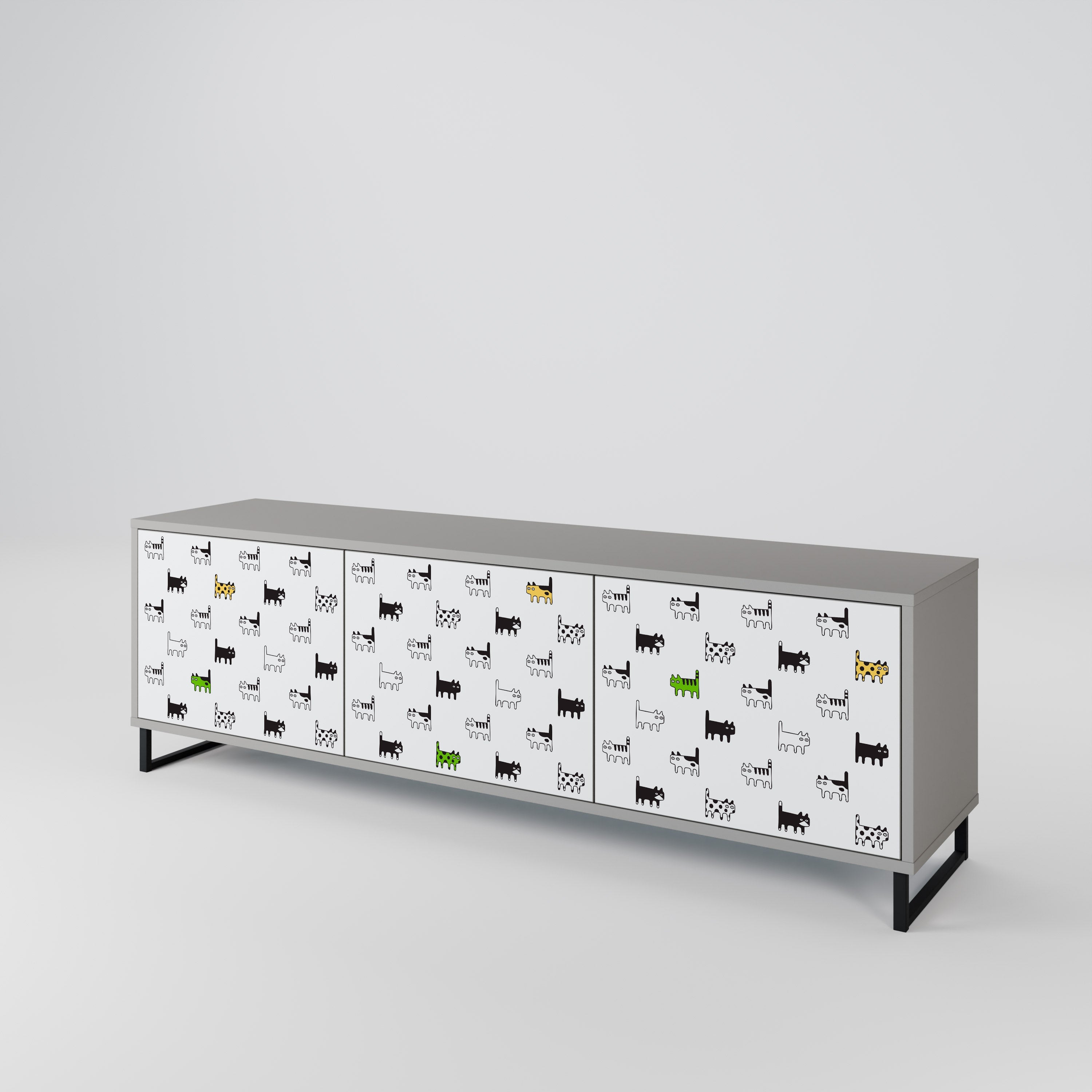 Meuble TV 3 portes CATS COMPILATION, finition grise