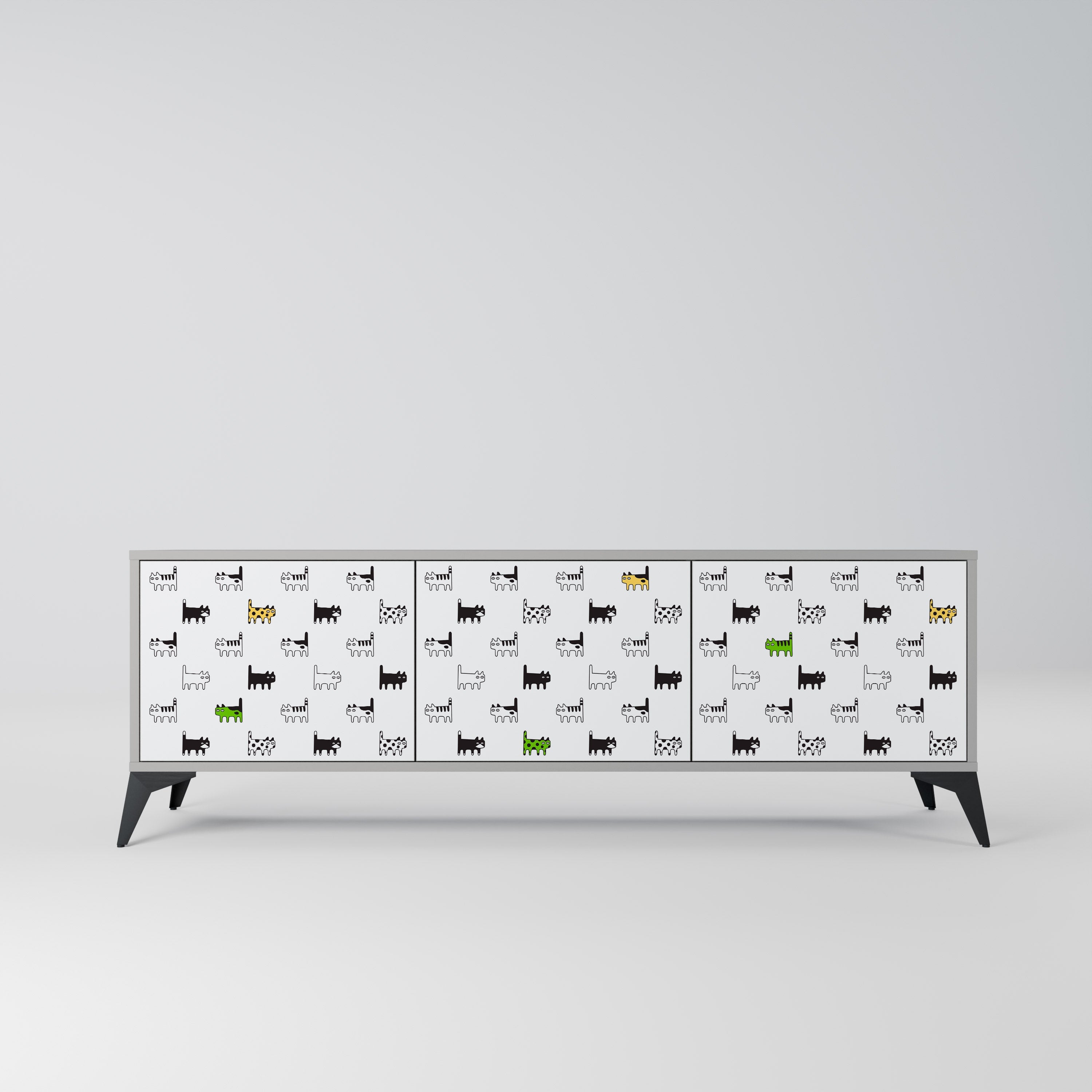 Meuble TV 3 portes CATS COMPILATION, finition grise