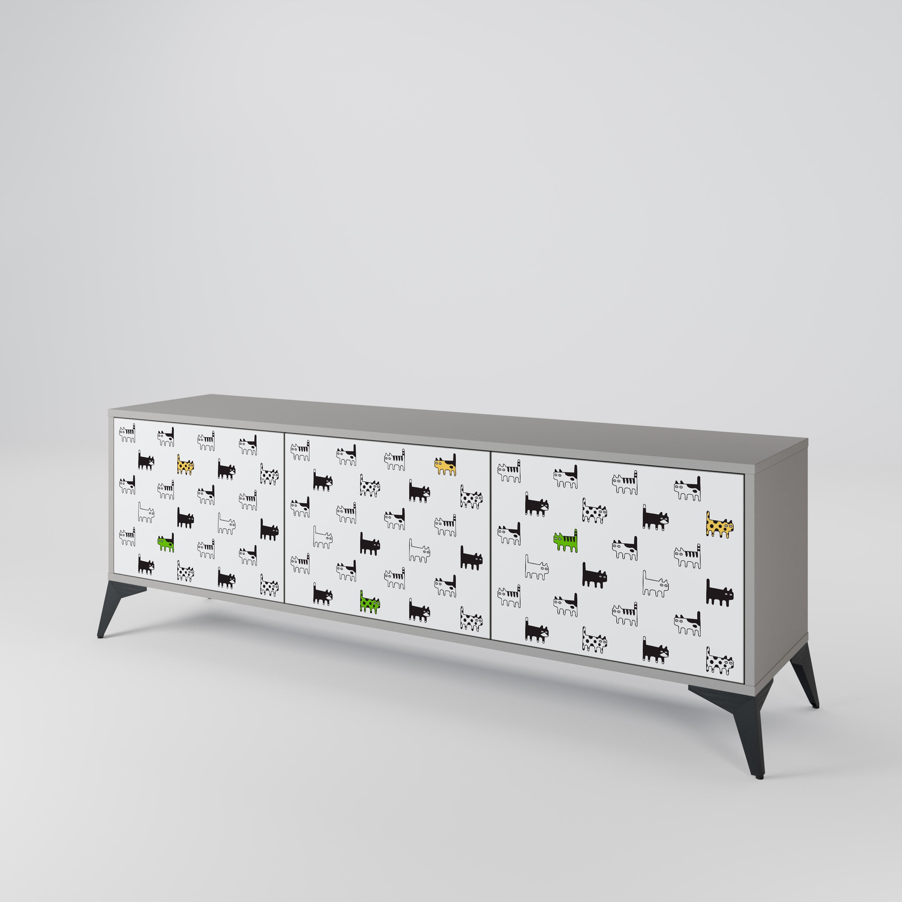Meuble TV 3 portes CATS COMPILATION, finition grise