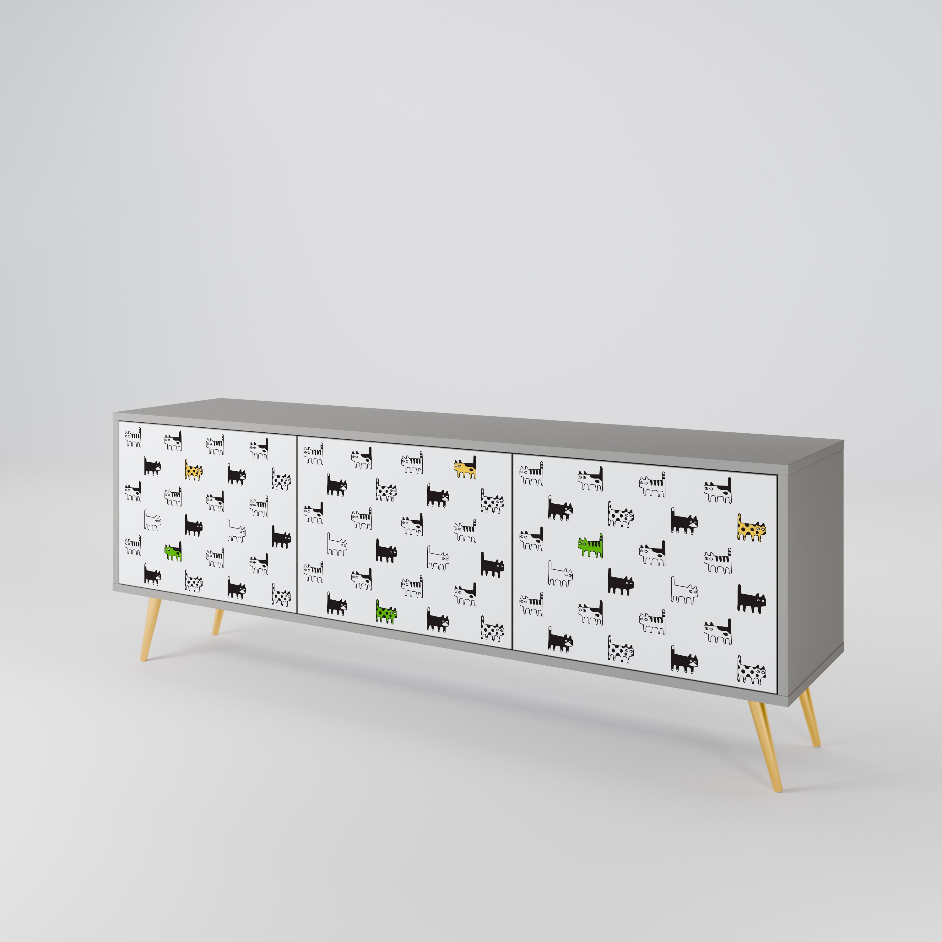 Meuble TV 3 portes CATS COMPILATION, finition grise