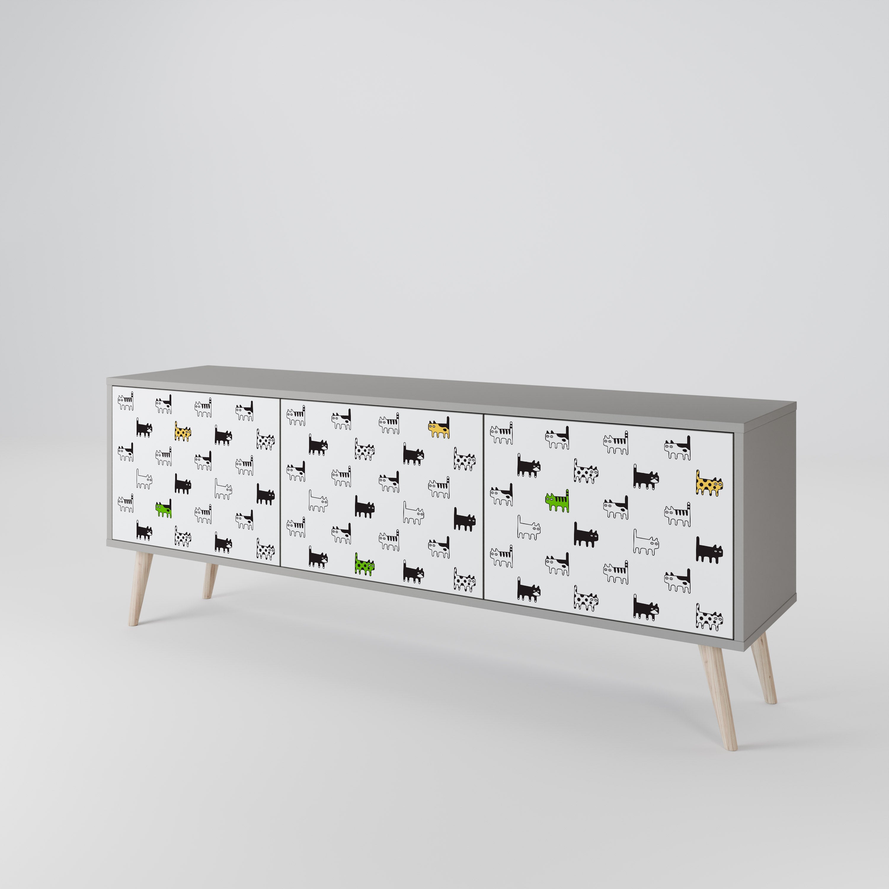 Meuble TV 3 portes CATS COMPILATION, finition grise