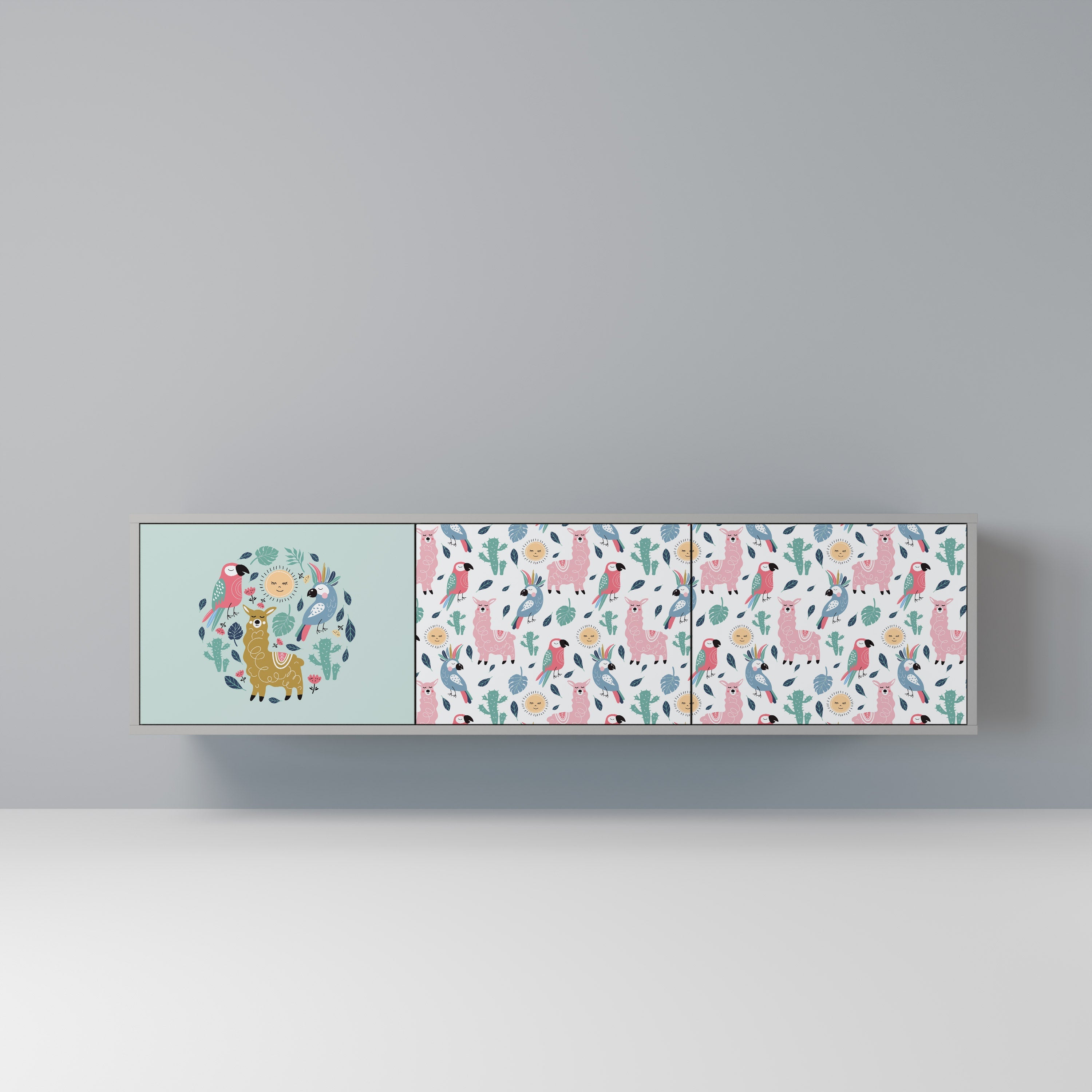 Meuble TV 3 portes COLORFUL ALPACAS, finition grise