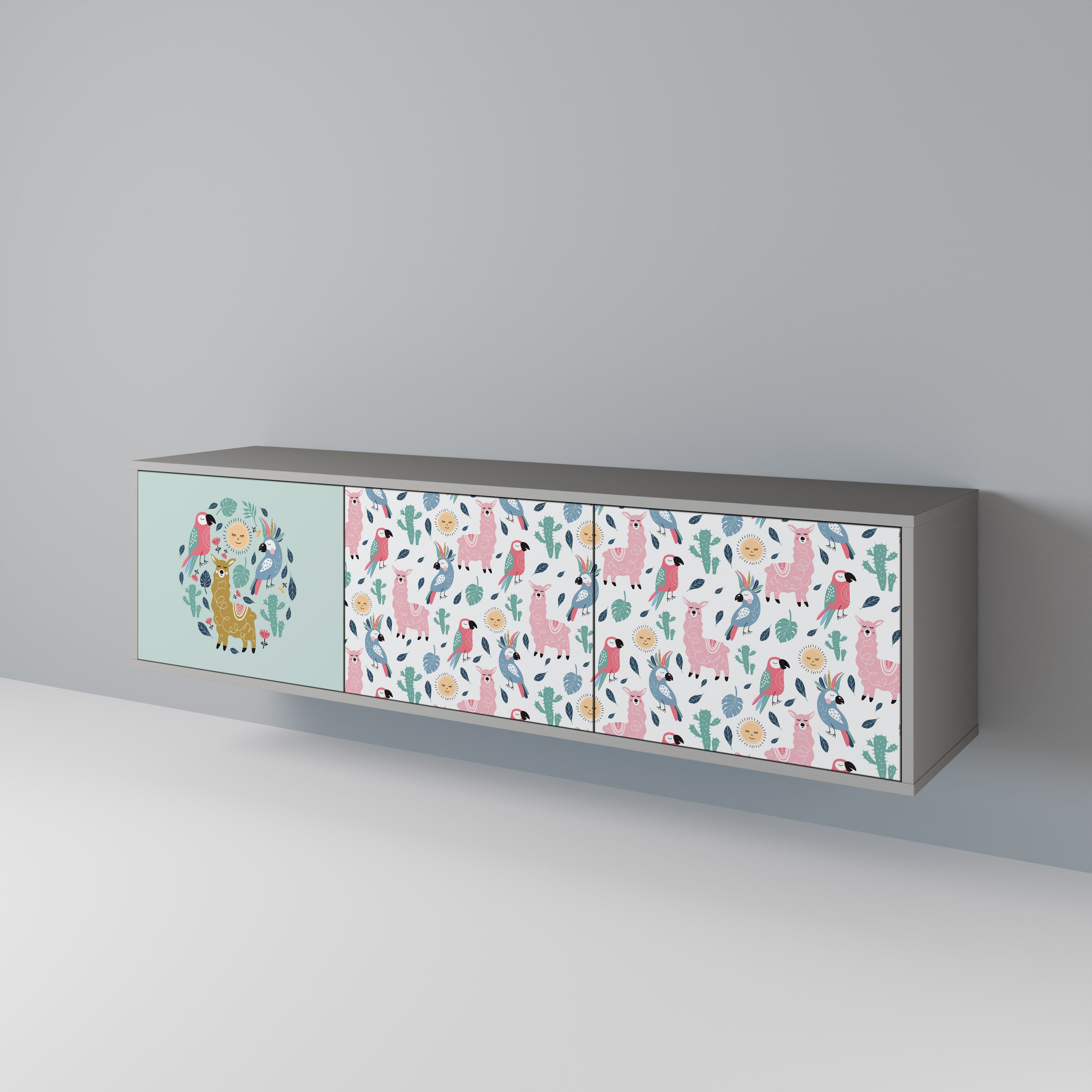 Meuble TV 3 portes COLORFUL ALPACAS, finition grise