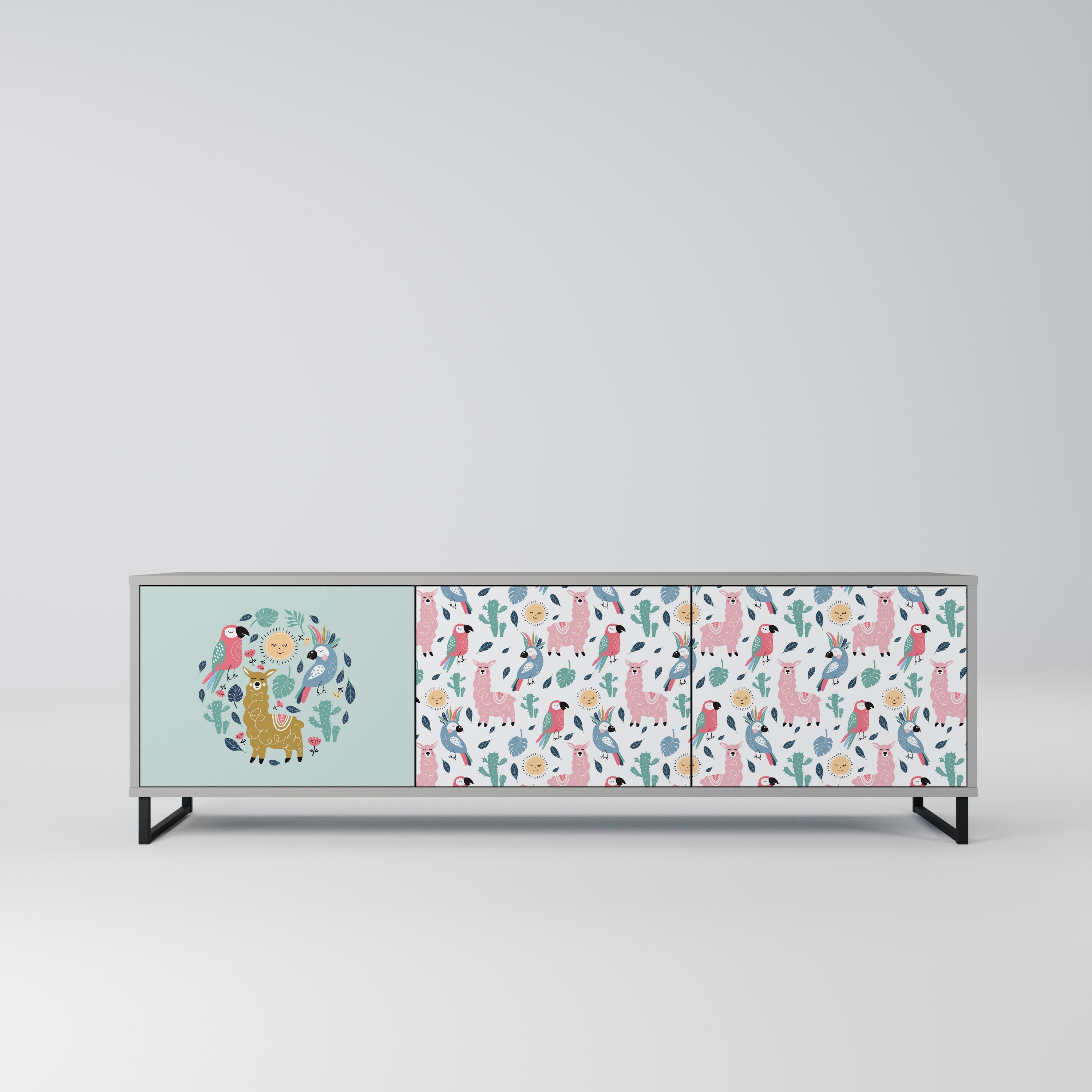 Meuble TV 3 portes COLORFUL ALPACAS, finition grise