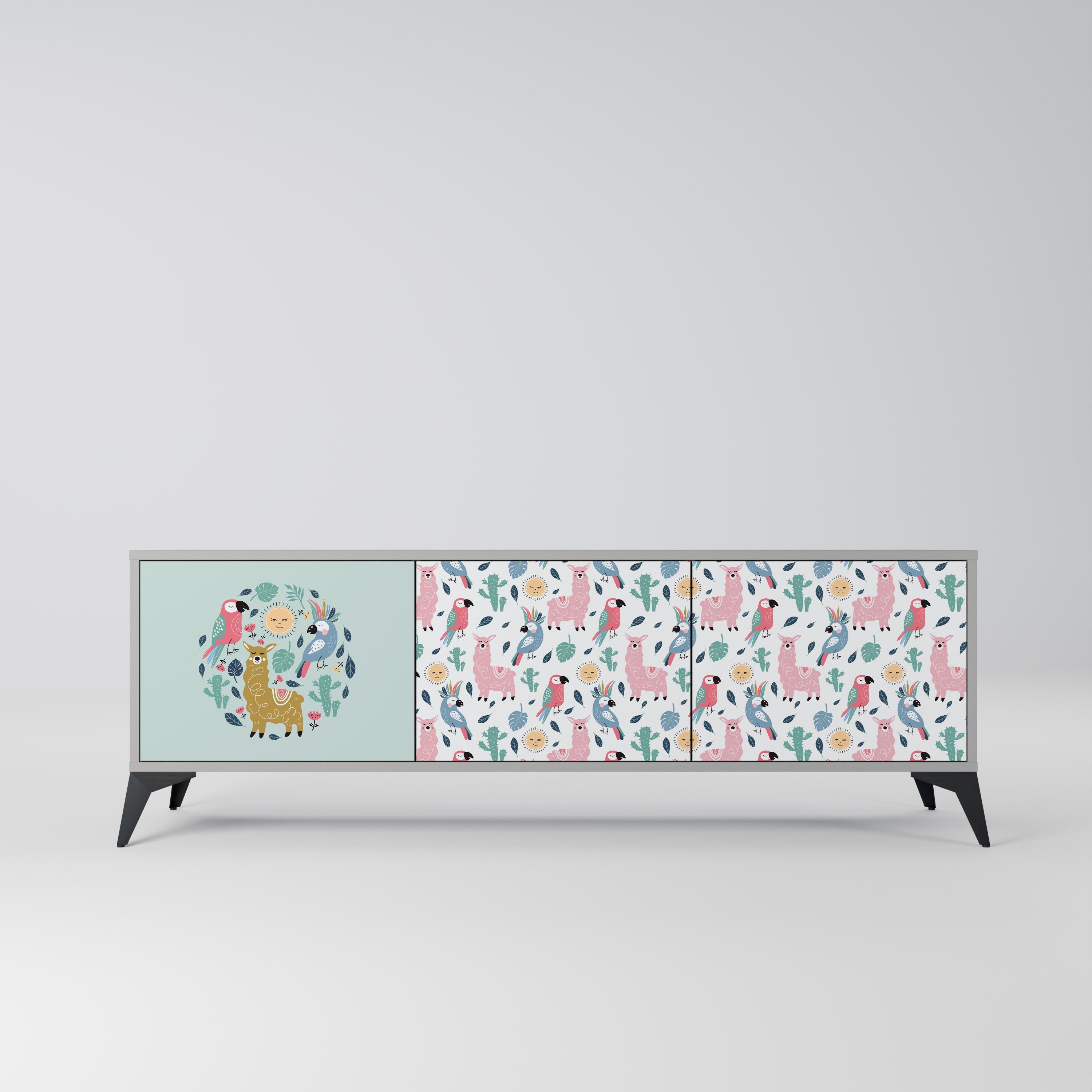 Meuble TV 3 portes COLORFUL ALPACAS, finition grise