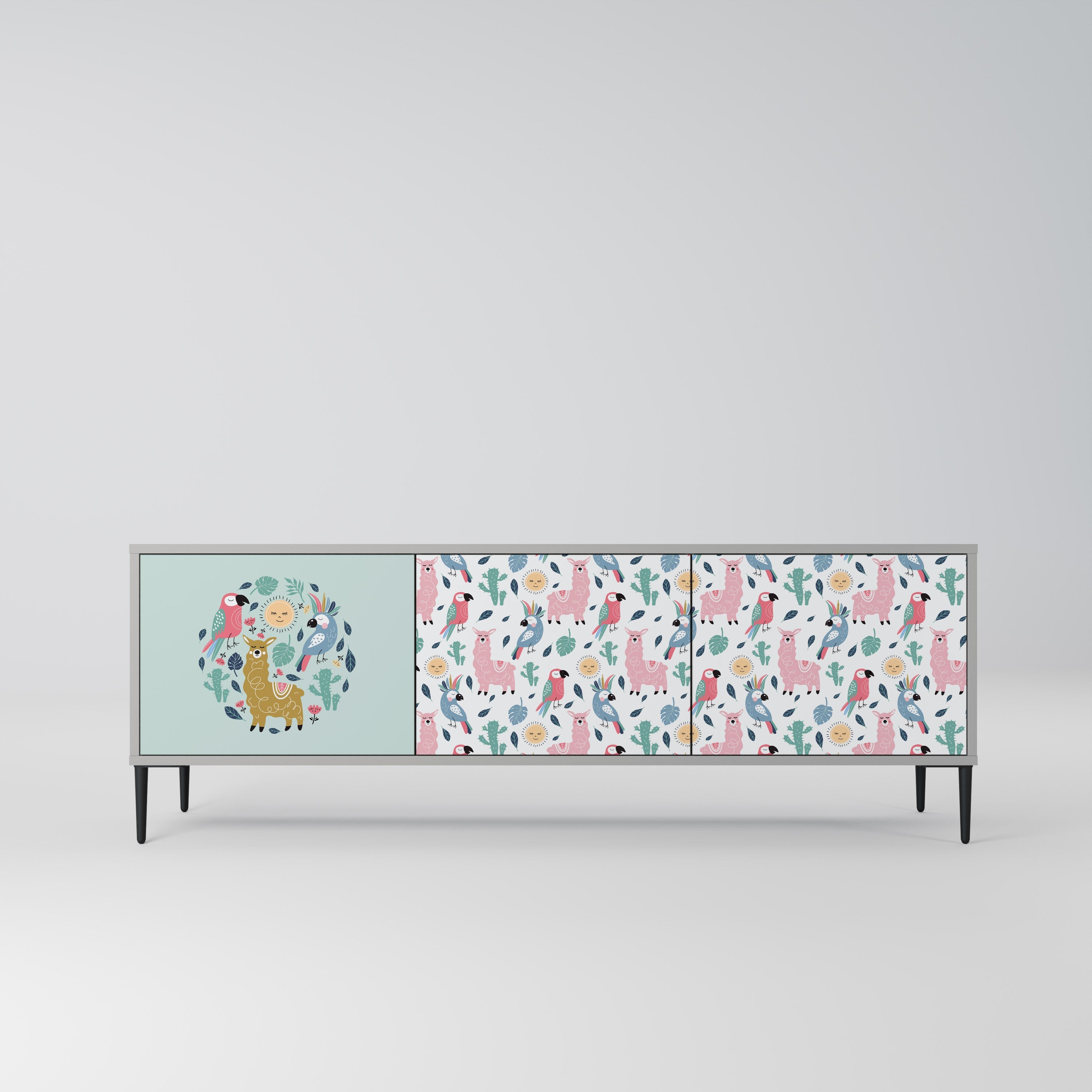 Meuble TV 3 portes COLORFUL ALPACAS, finition grise