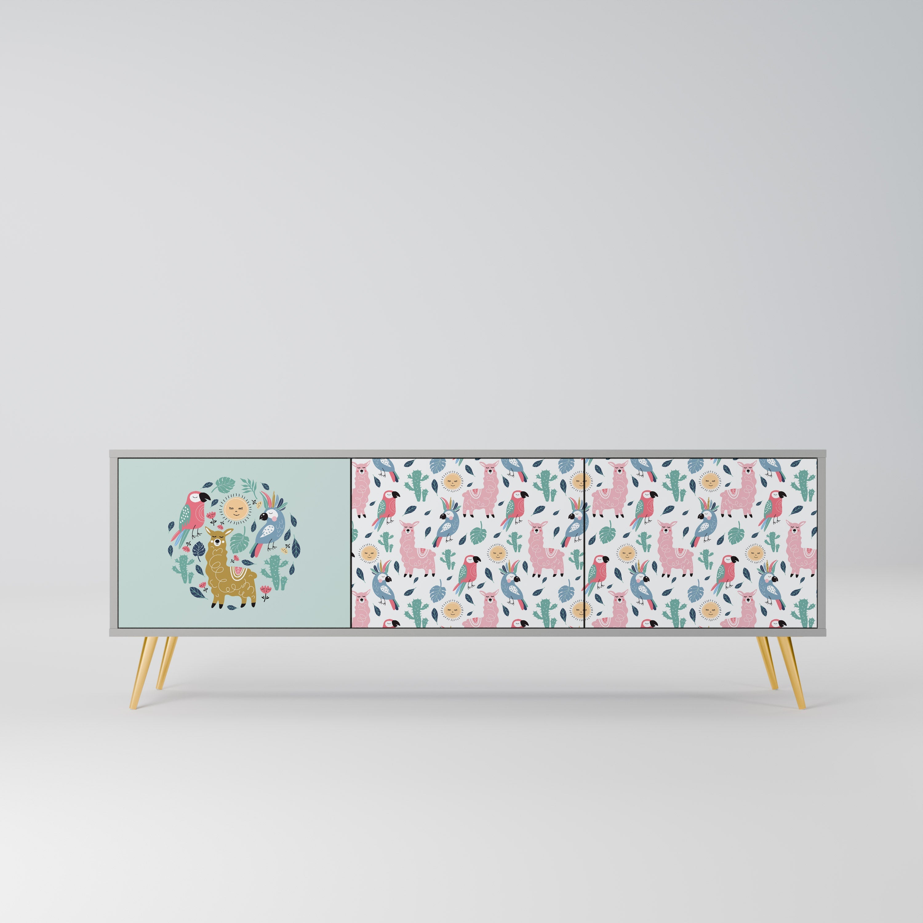 Meuble TV 3 portes COLORFUL ALPACAS, finition grise