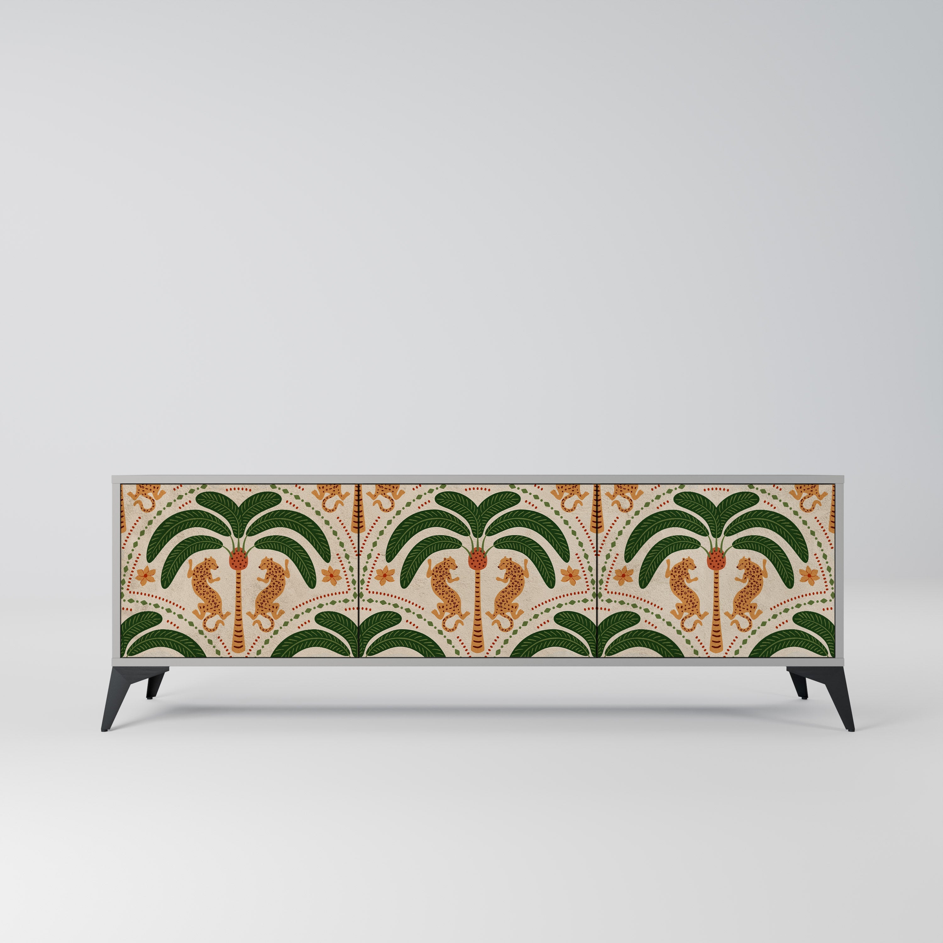 Meuble TV 3 portes DANCING PREDATORS, finition grise