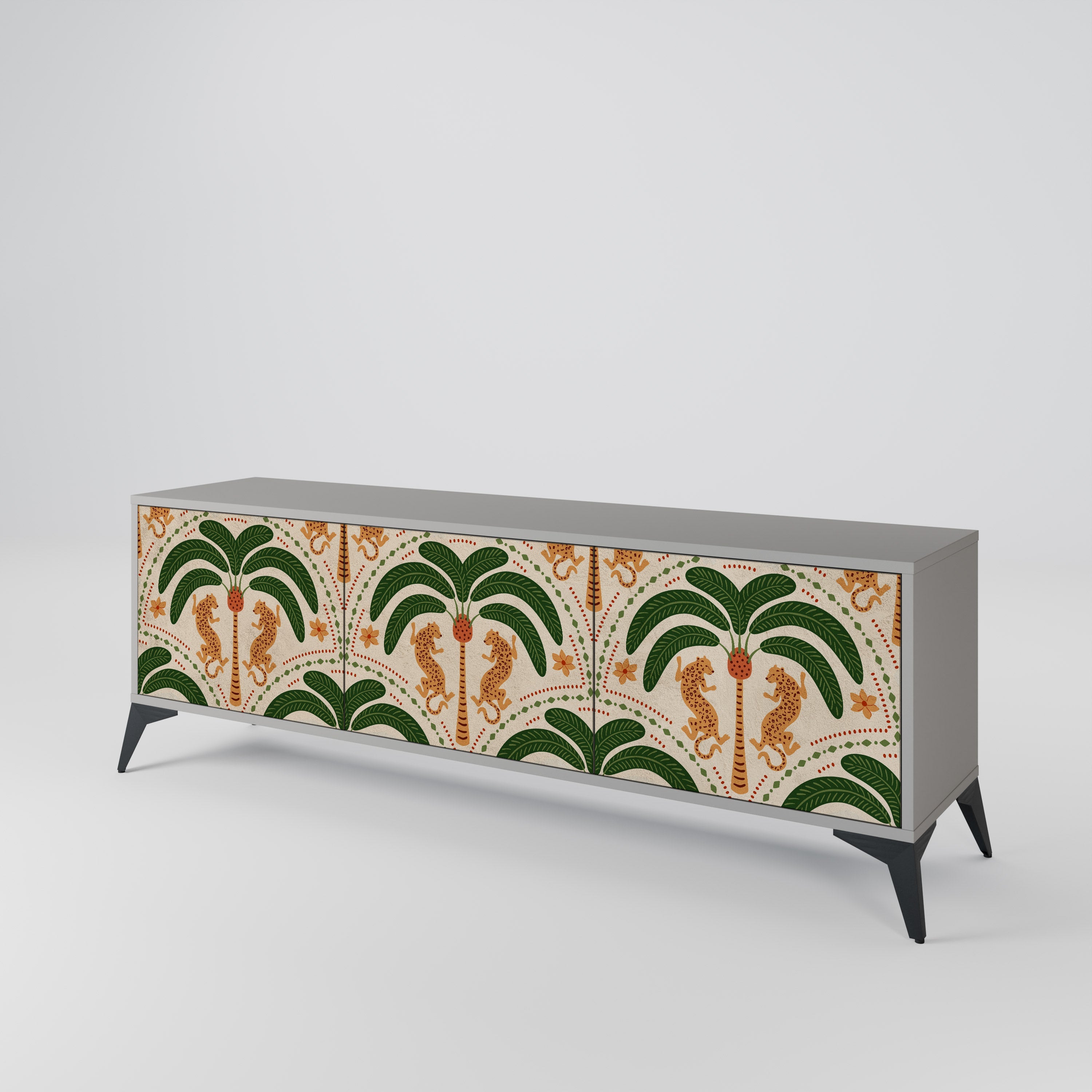 Meuble TV 3 portes DANCING PREDATORS, finition grise