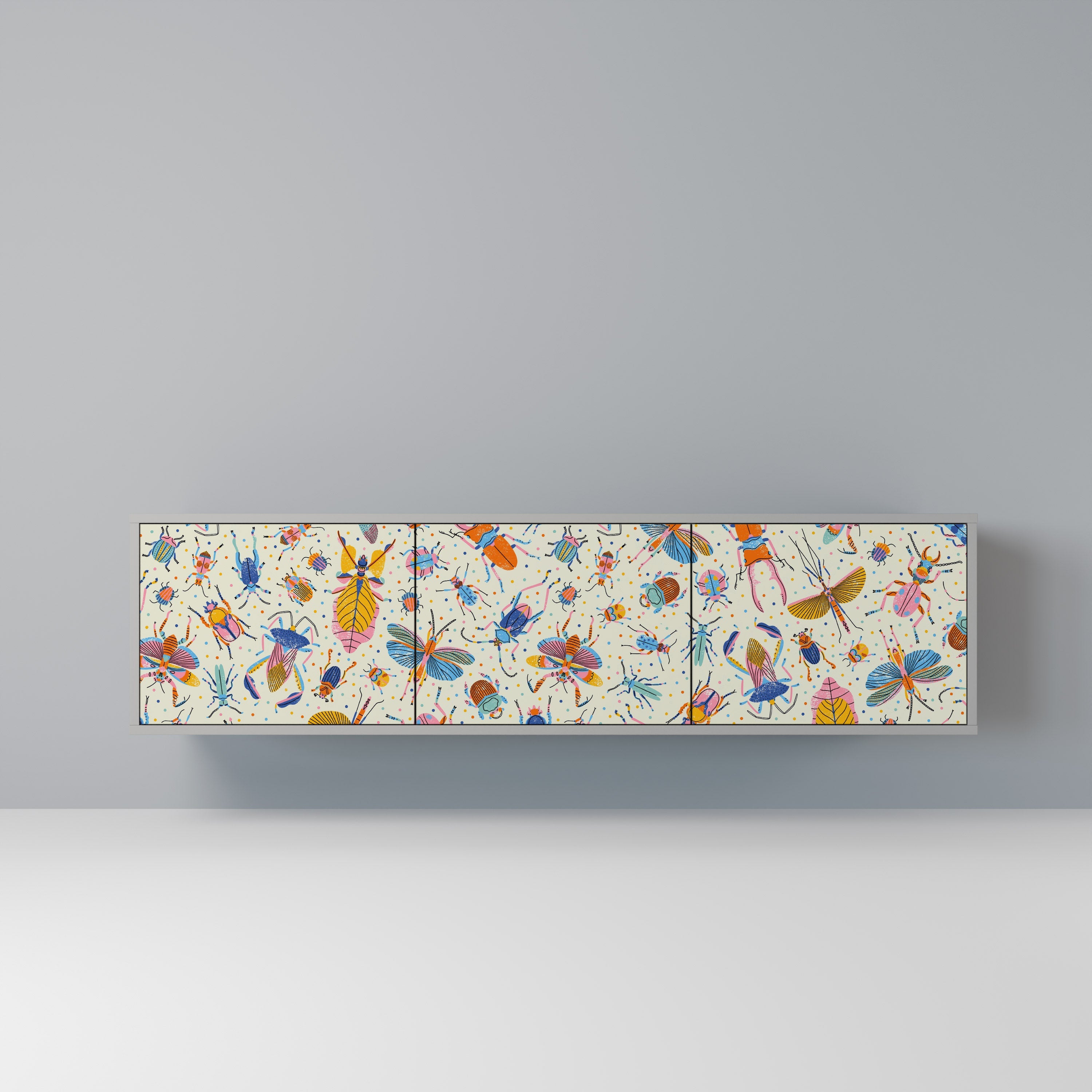 Meuble TV 3 portes COLORFUL INSECTS, finition grise