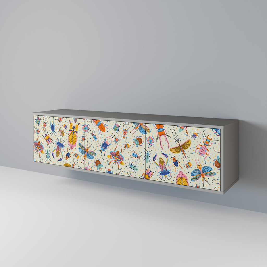 Meuble TV 3 portes COLORFUL INSECTS, finition grise