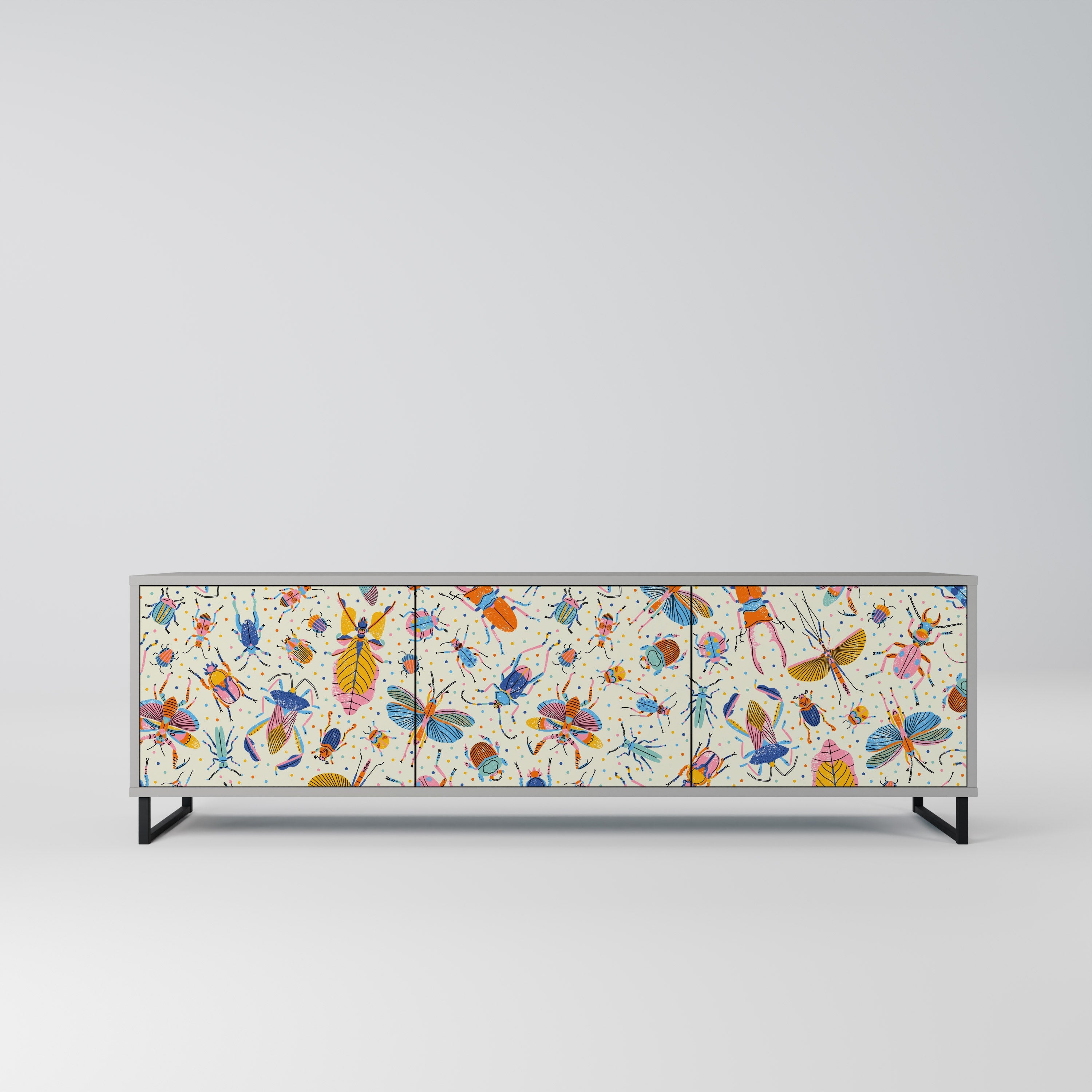 Meuble TV 3 portes COLORFUL INSECTS, finition grise