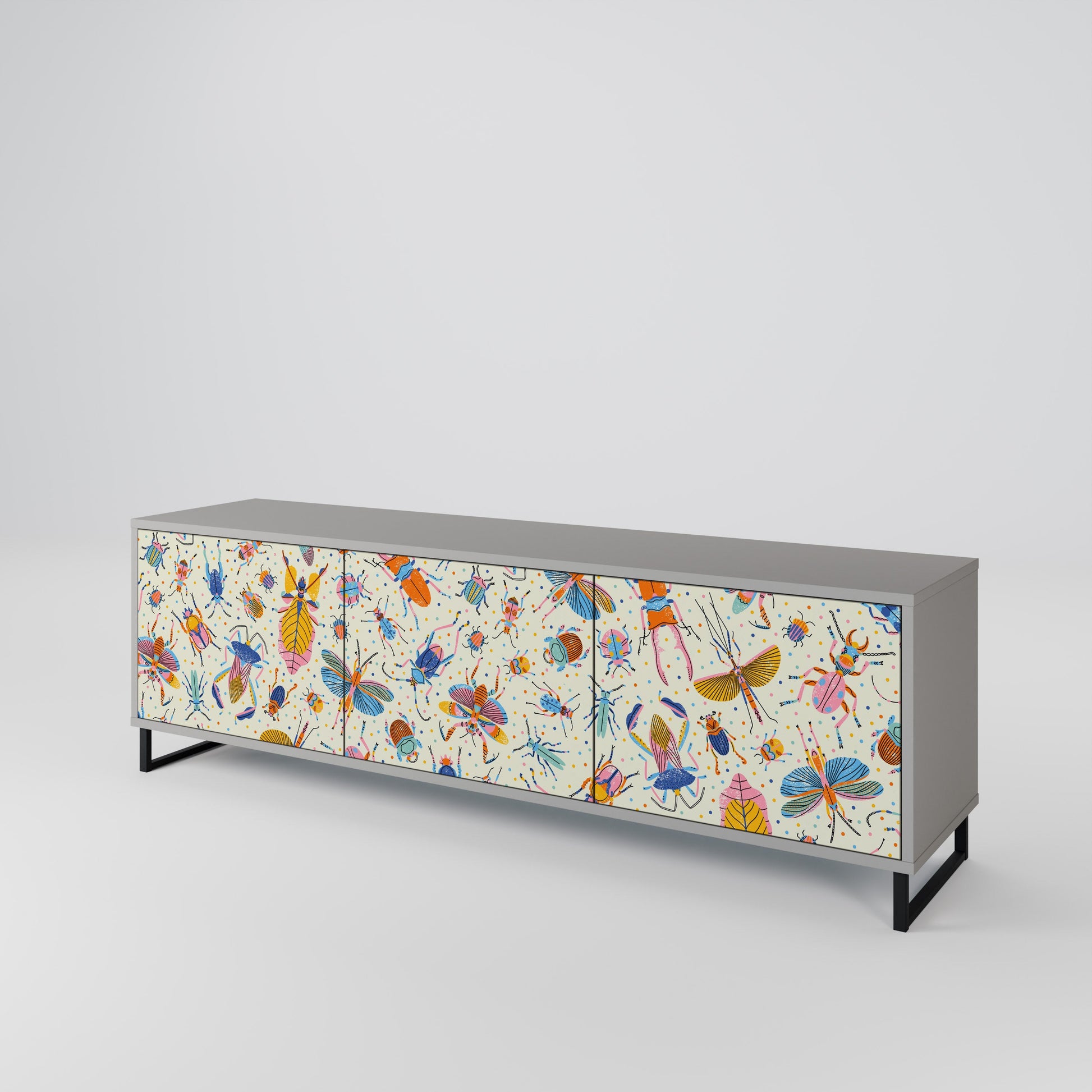 Meuble TV 3 portes COLORFUL INSECTS, finition grise