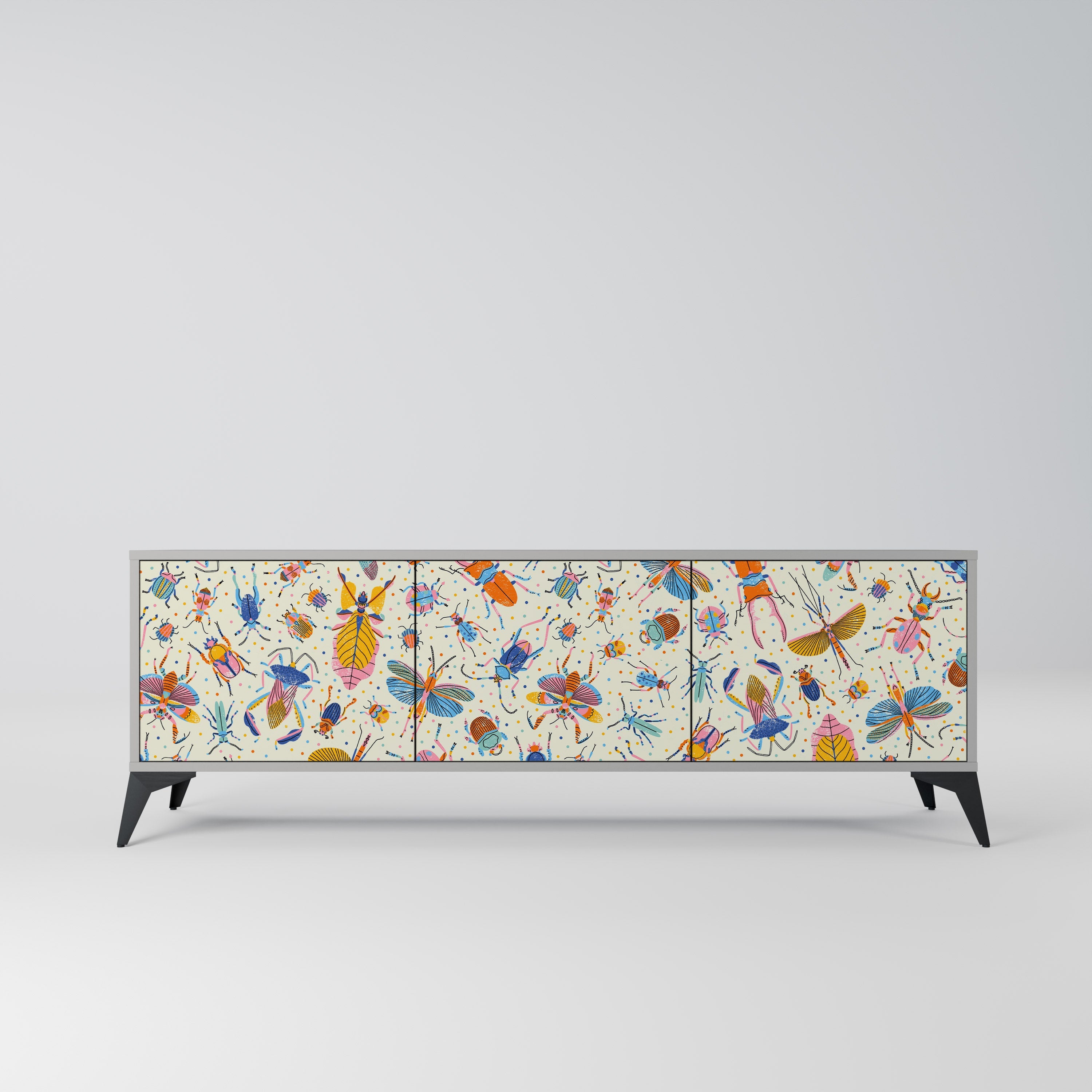 Meuble TV 3 portes COLORFUL INSECTS, finition grise