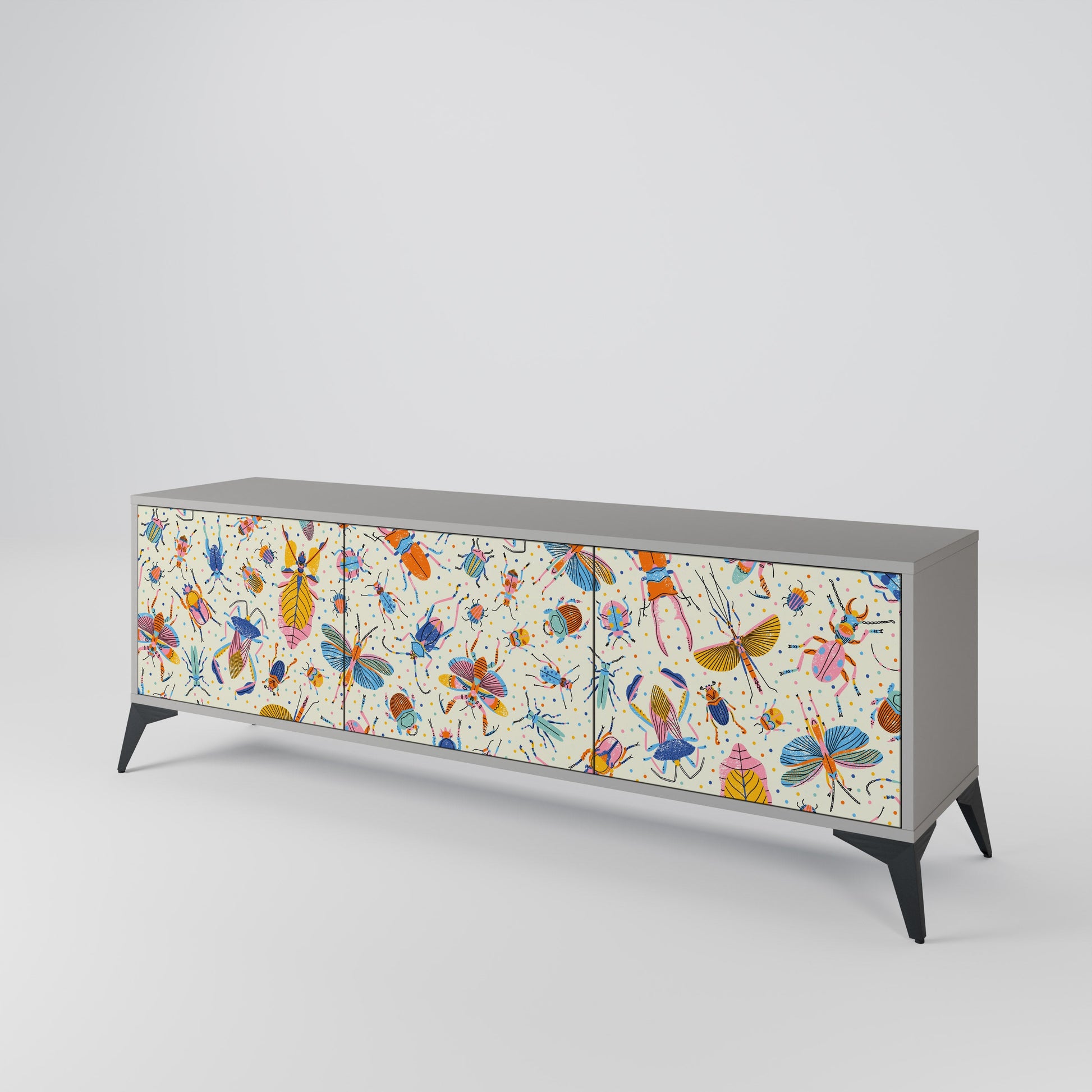 Meuble TV 3 portes COLORFUL INSECTS, finition grise
