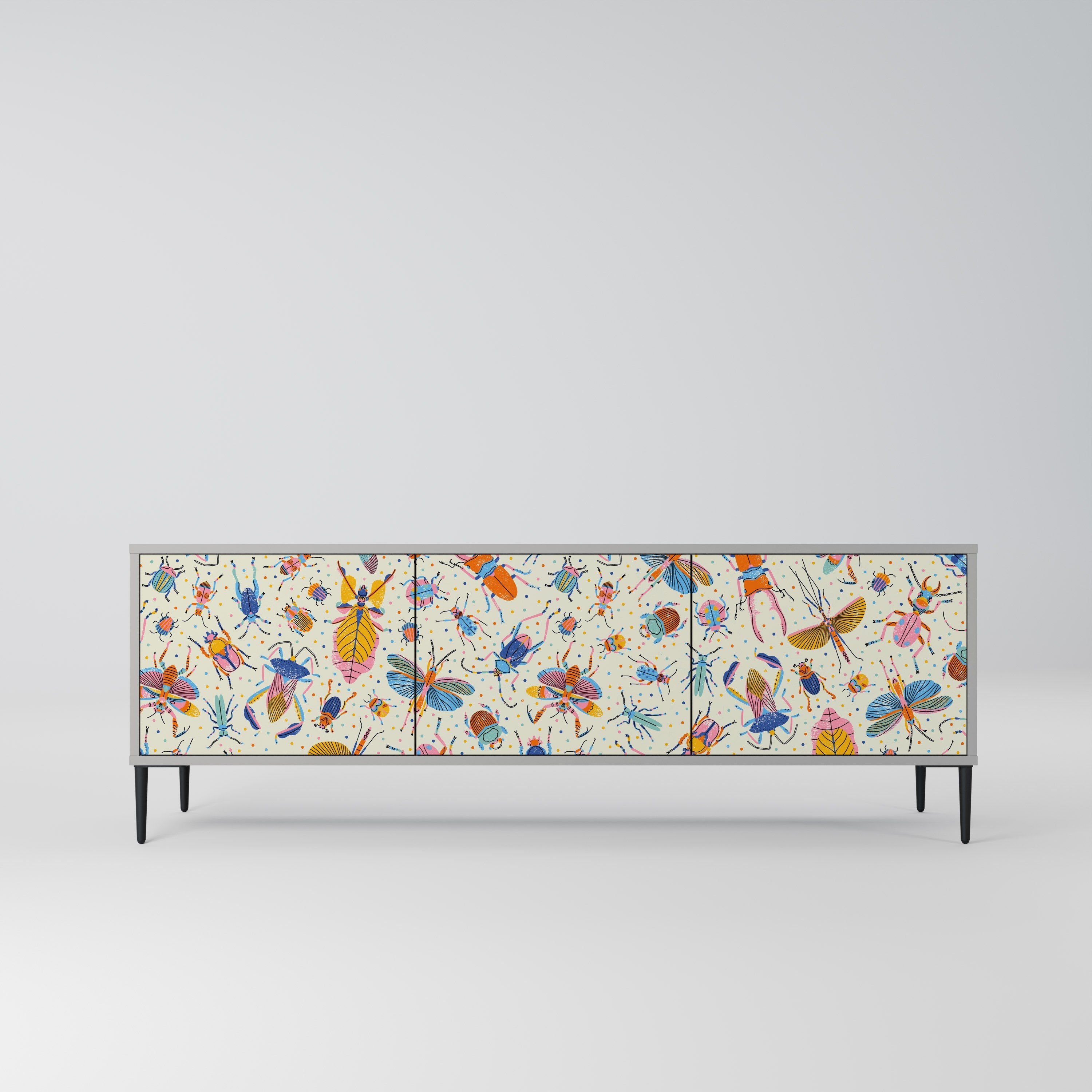 Meuble TV 3 portes COLORFUL INSECTS, finition grise