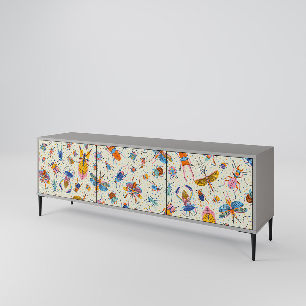 Meuble TV 3 portes COLORFUL INSECTS, finition grise