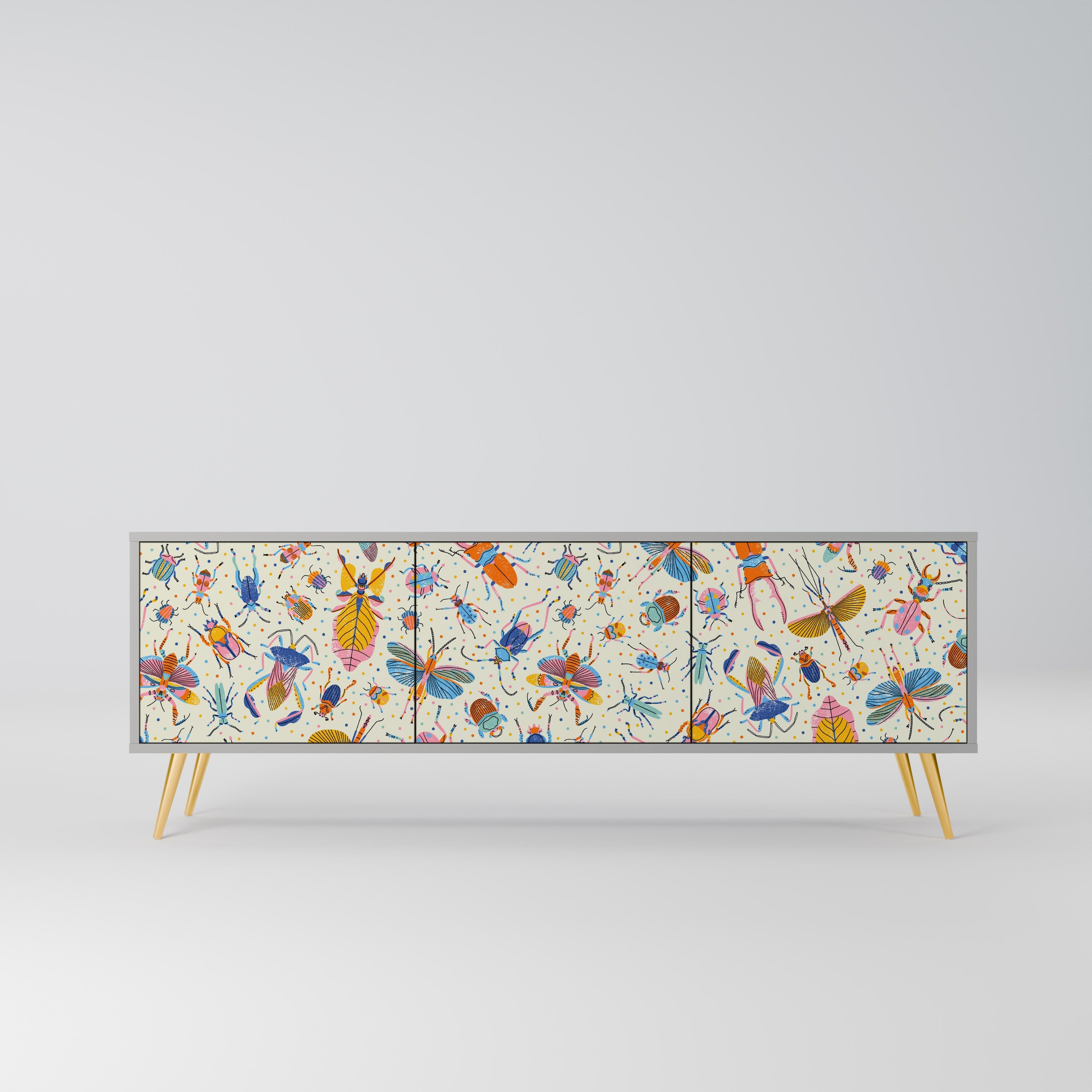 Meuble TV 3 portes COLORFUL INSECTS, finition grise