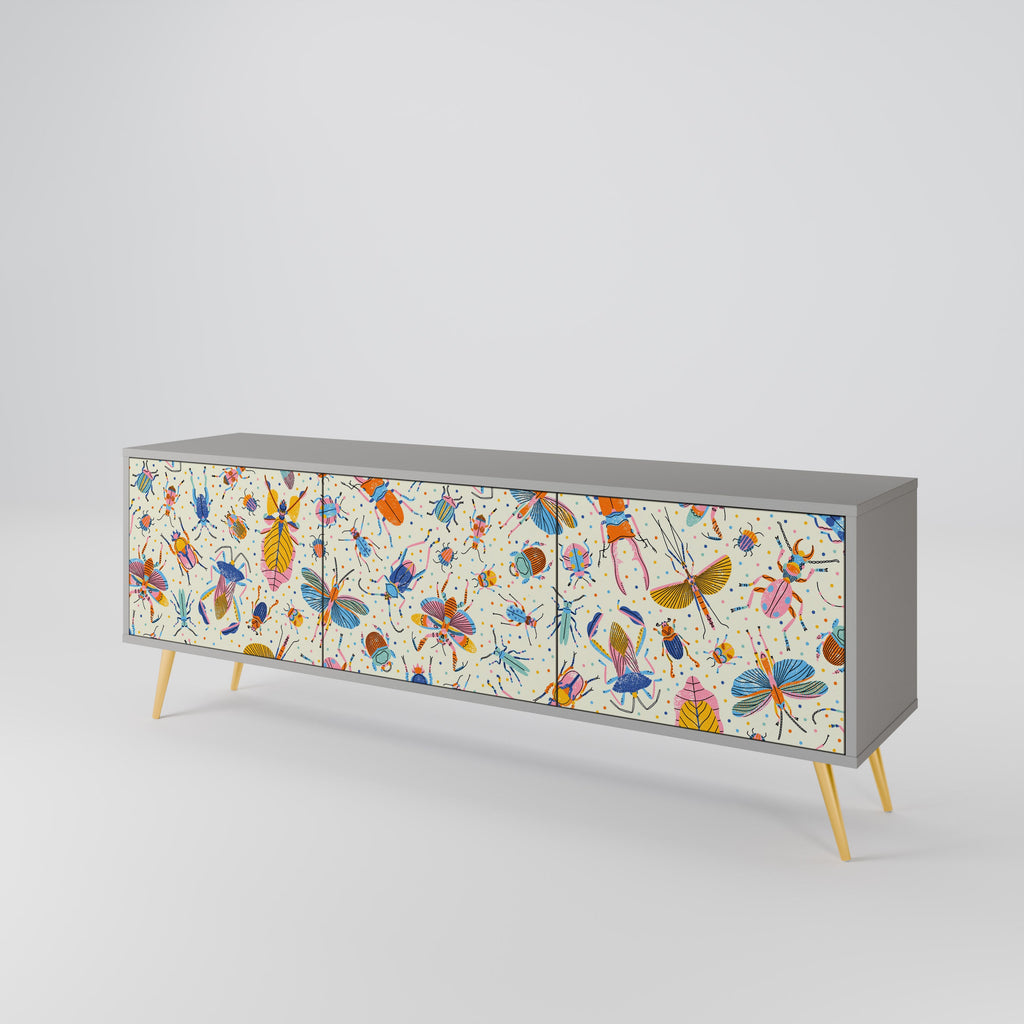 Meuble TV 3 portes COLORFUL INSECTS, finition grise