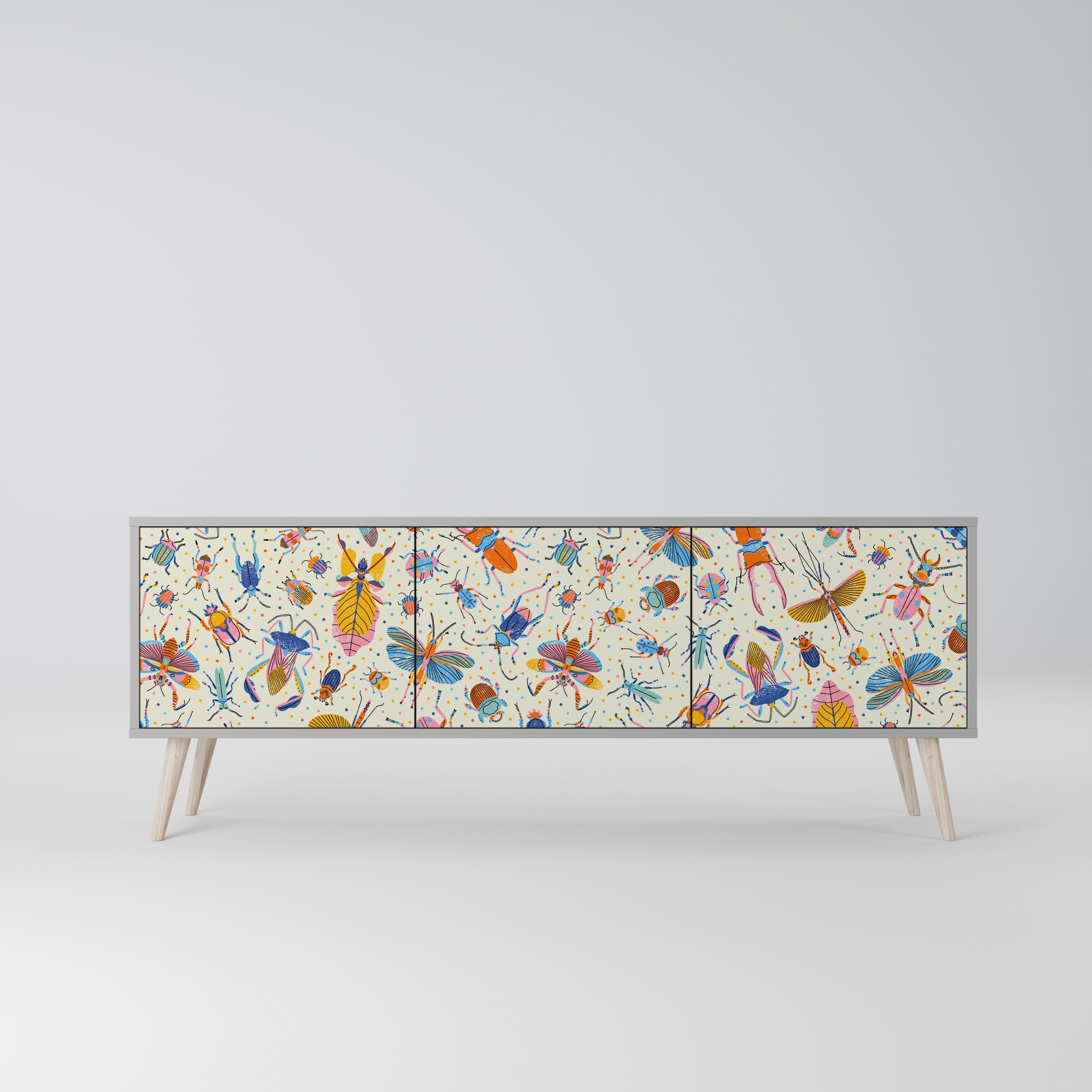 Meuble TV 3 portes COLORFUL INSECTS, finition grise