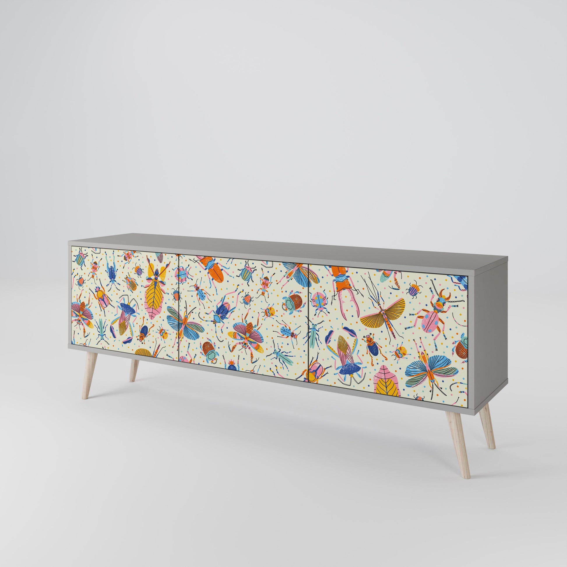 Meuble TV 3 portes COLORFUL INSECTS, finition grise