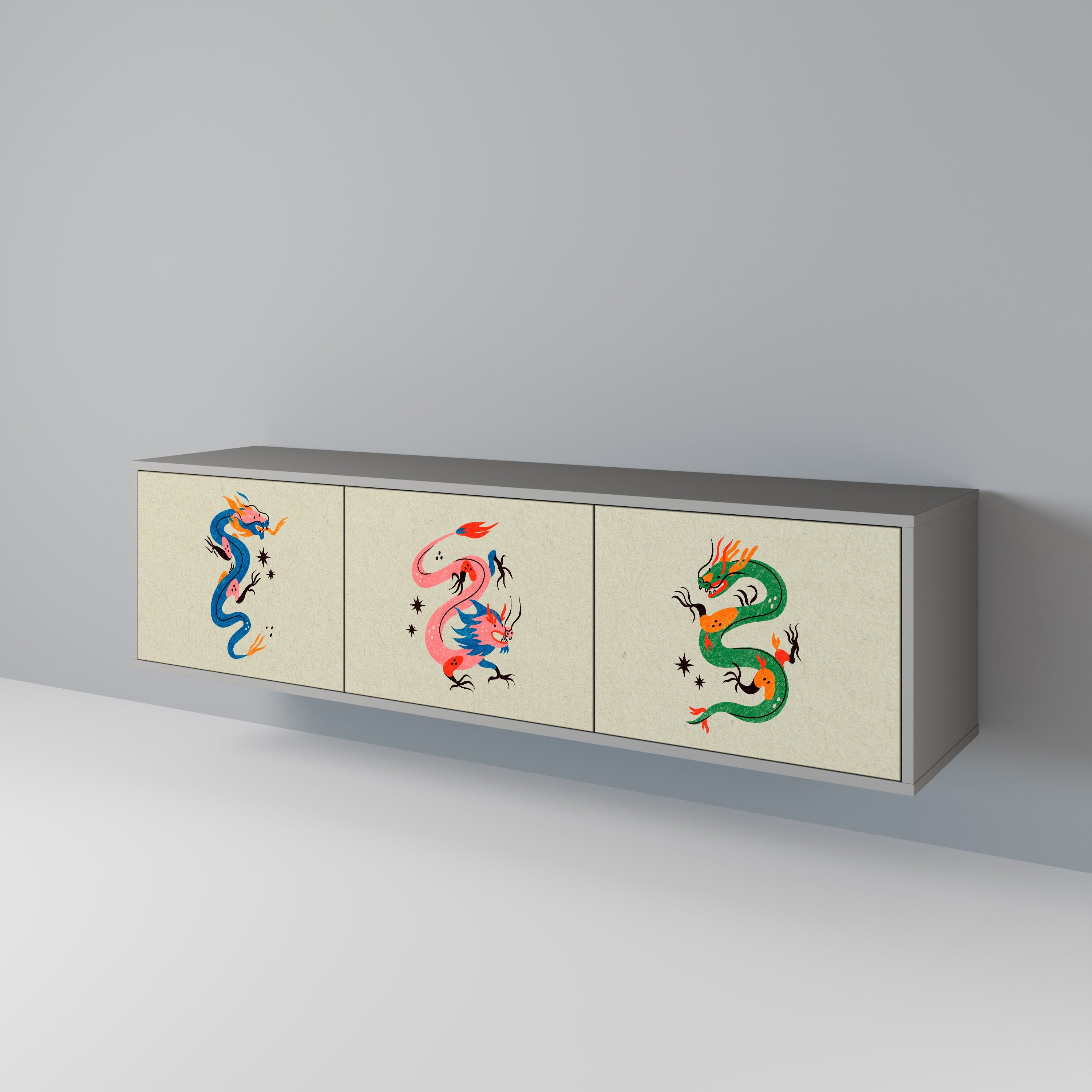 Meuble TV 3 portes MYTHOLOGICAL CREATURES, finition grise