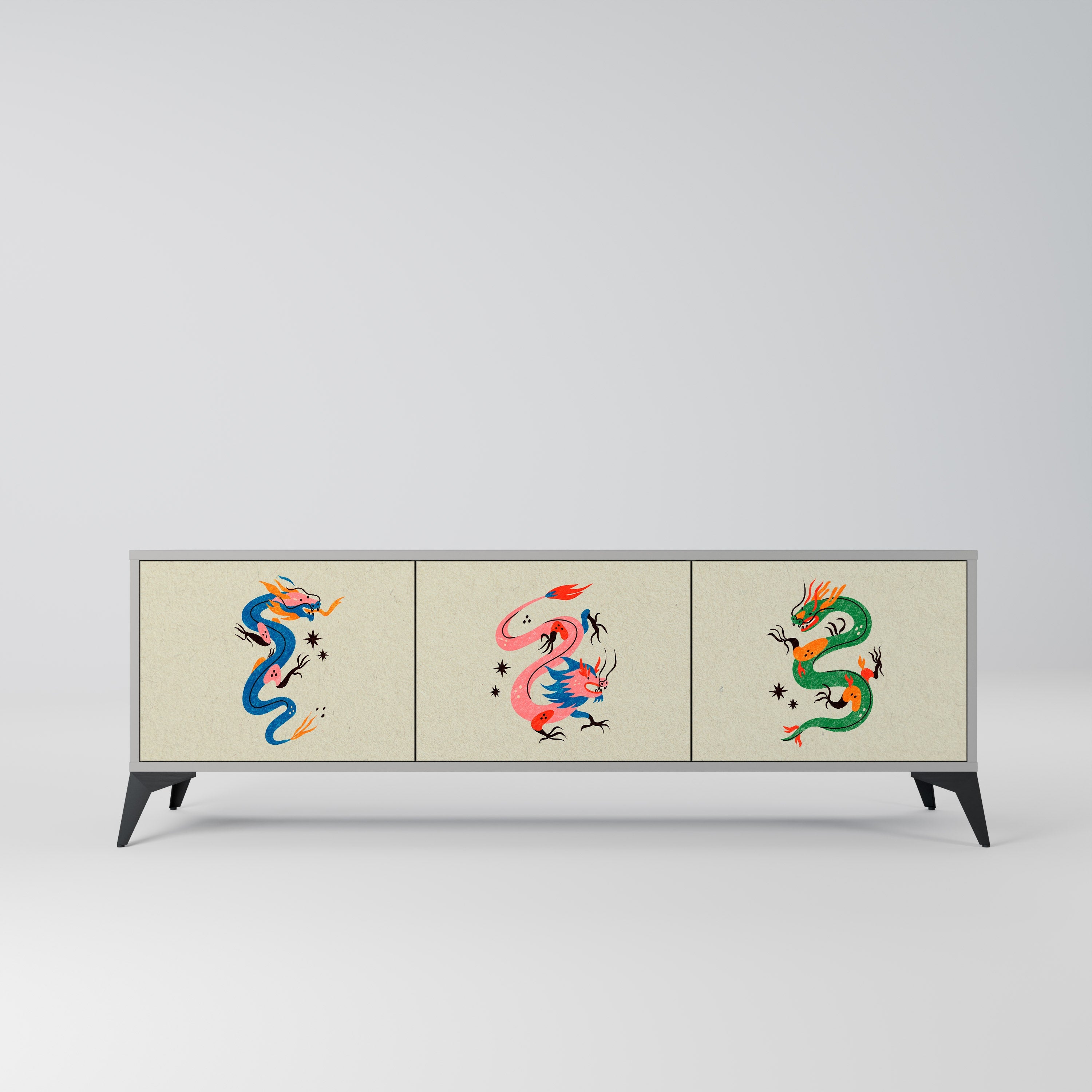 Meuble TV 3 portes MYTHOLOGICAL CREATURES, finition grise