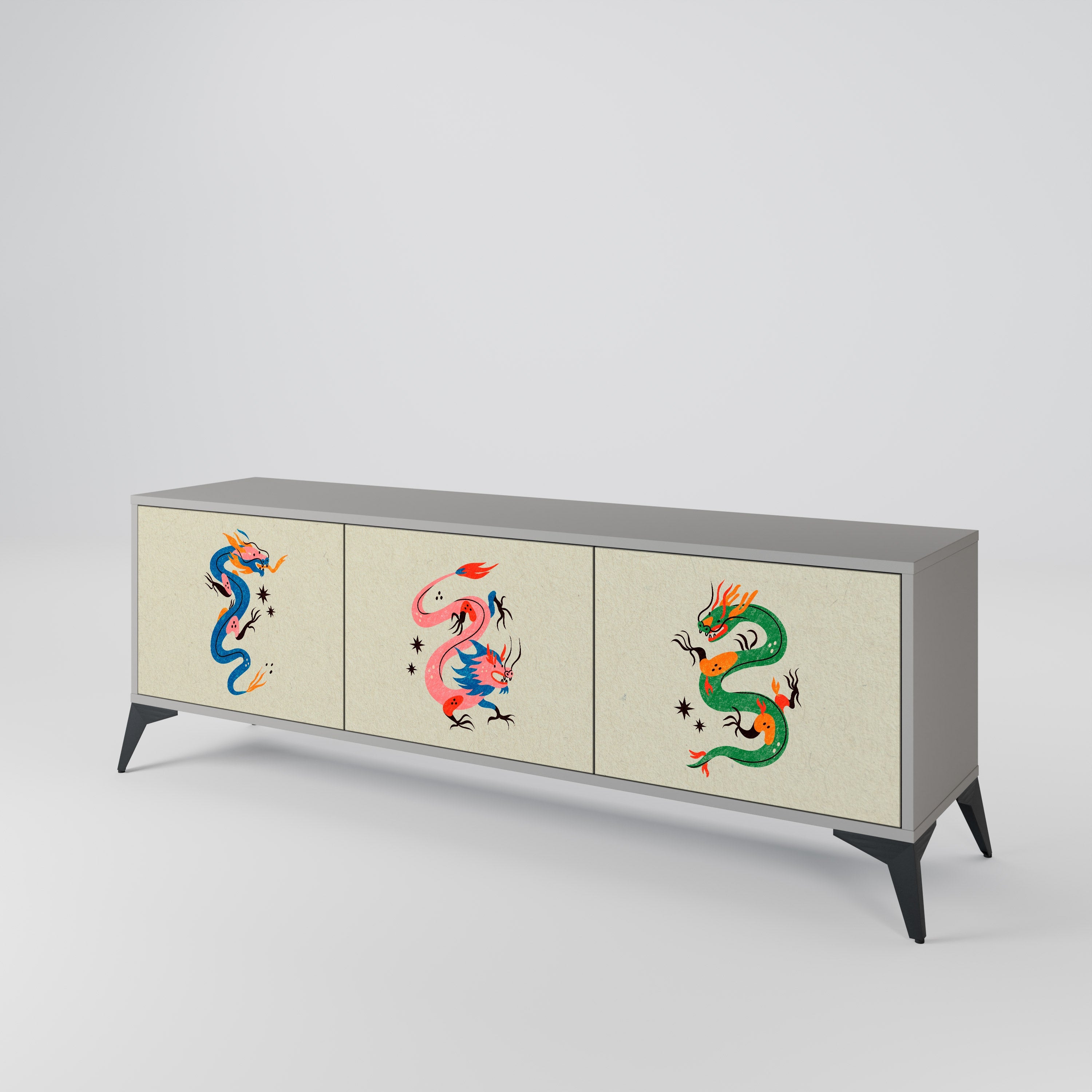 Meuble TV 3 portes MYTHOLOGICAL CREATURES, finition grise