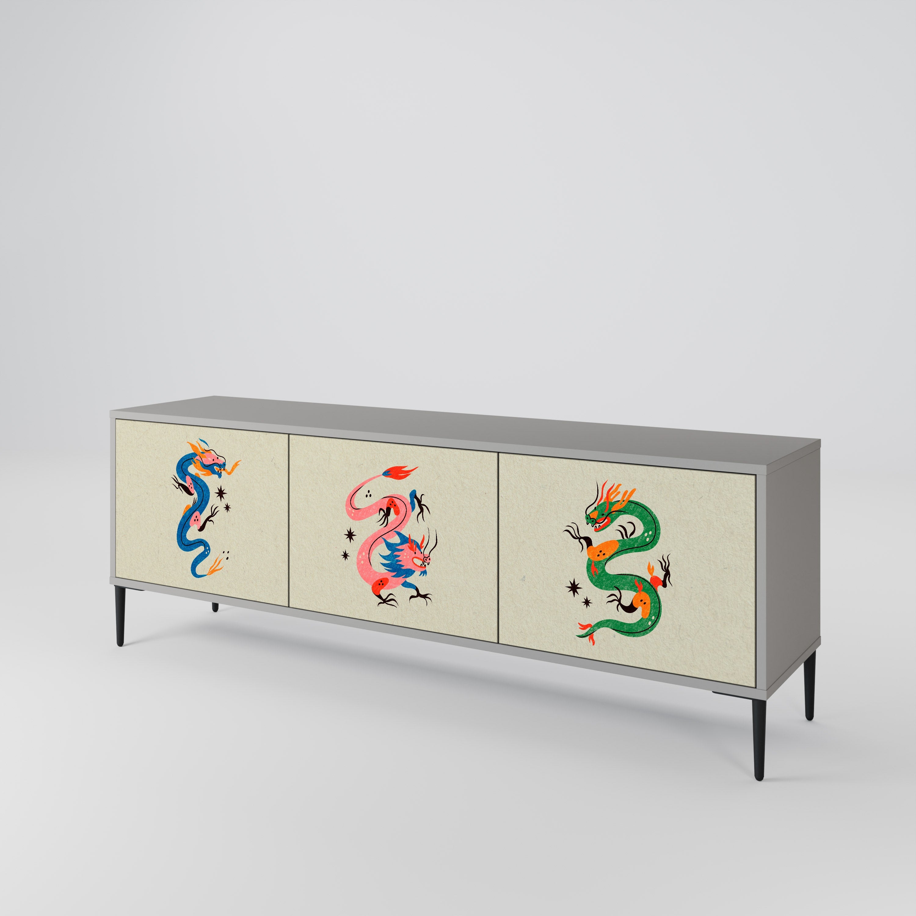Meuble TV 3 portes MYTHOLOGICAL CREATURES, finition grise