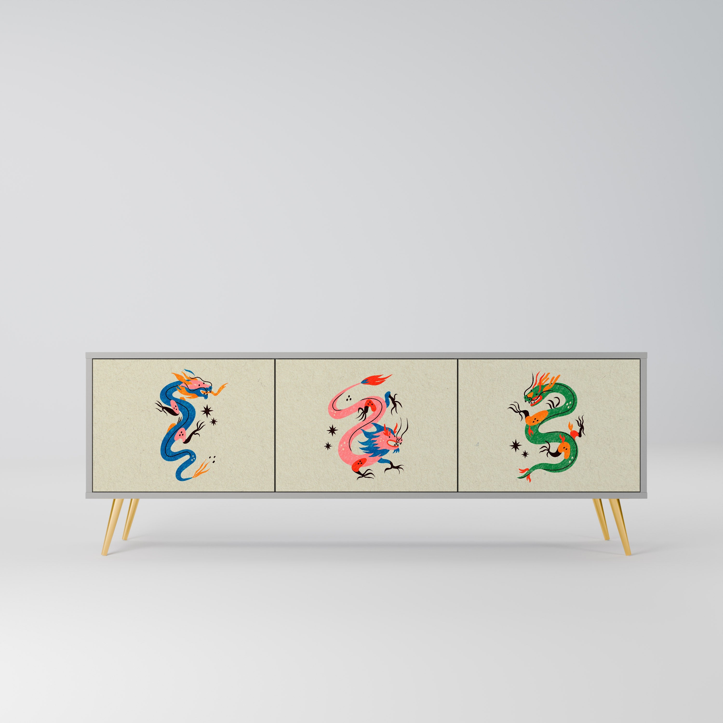 Meuble TV 3 portes MYTHOLOGICAL CREATURES, finition grise