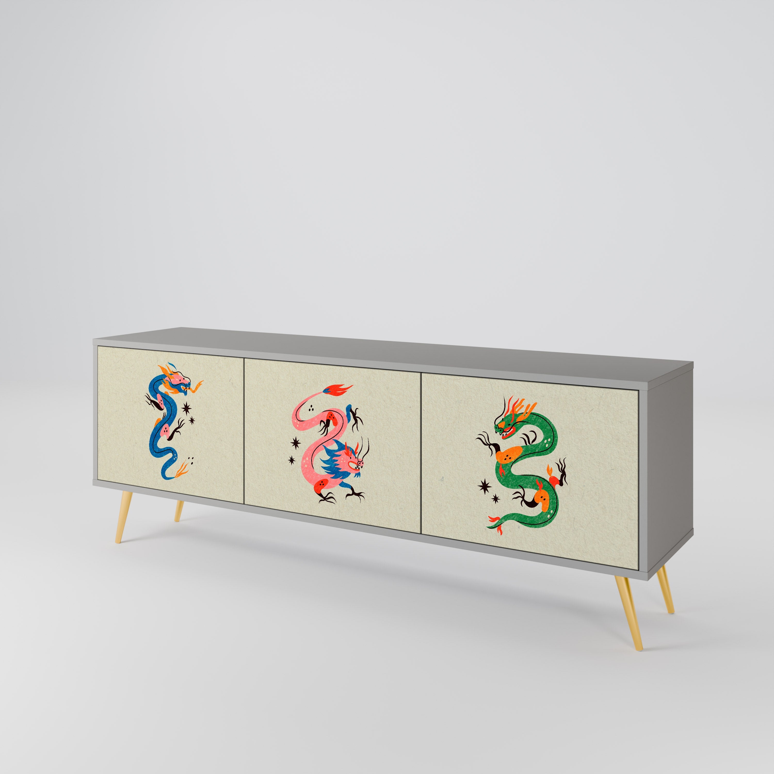 Meuble TV 3 portes MYTHOLOGICAL CREATURES, finition grise