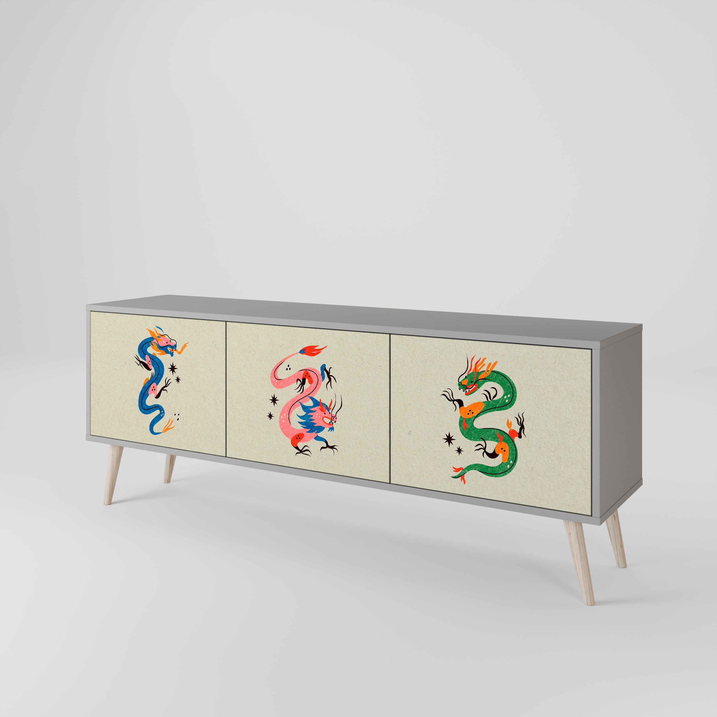 Meuble TV 3 portes MYTHOLOGICAL CREATURES, finition grise