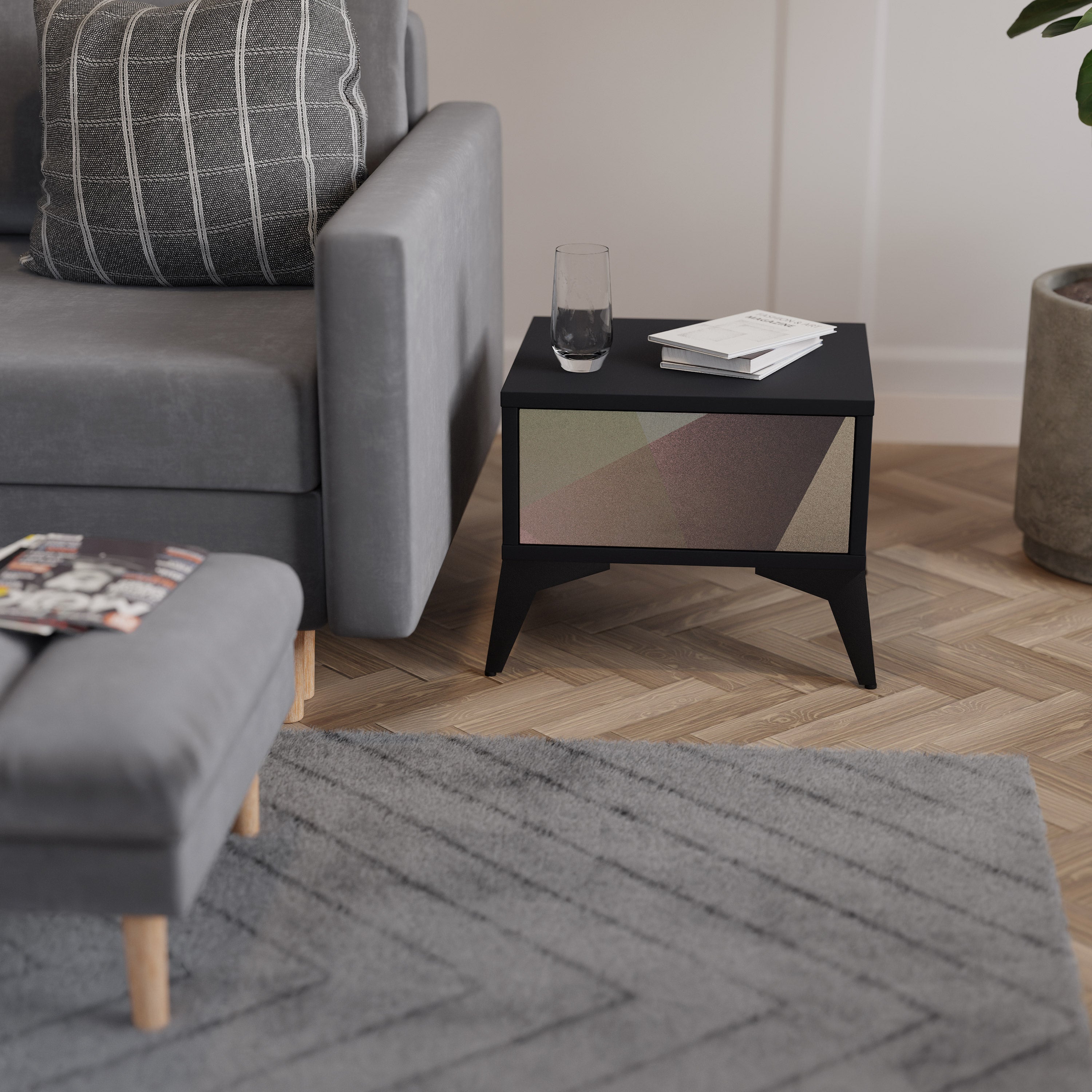 BEIGE GEOMETRY Nightstand in Black Finish