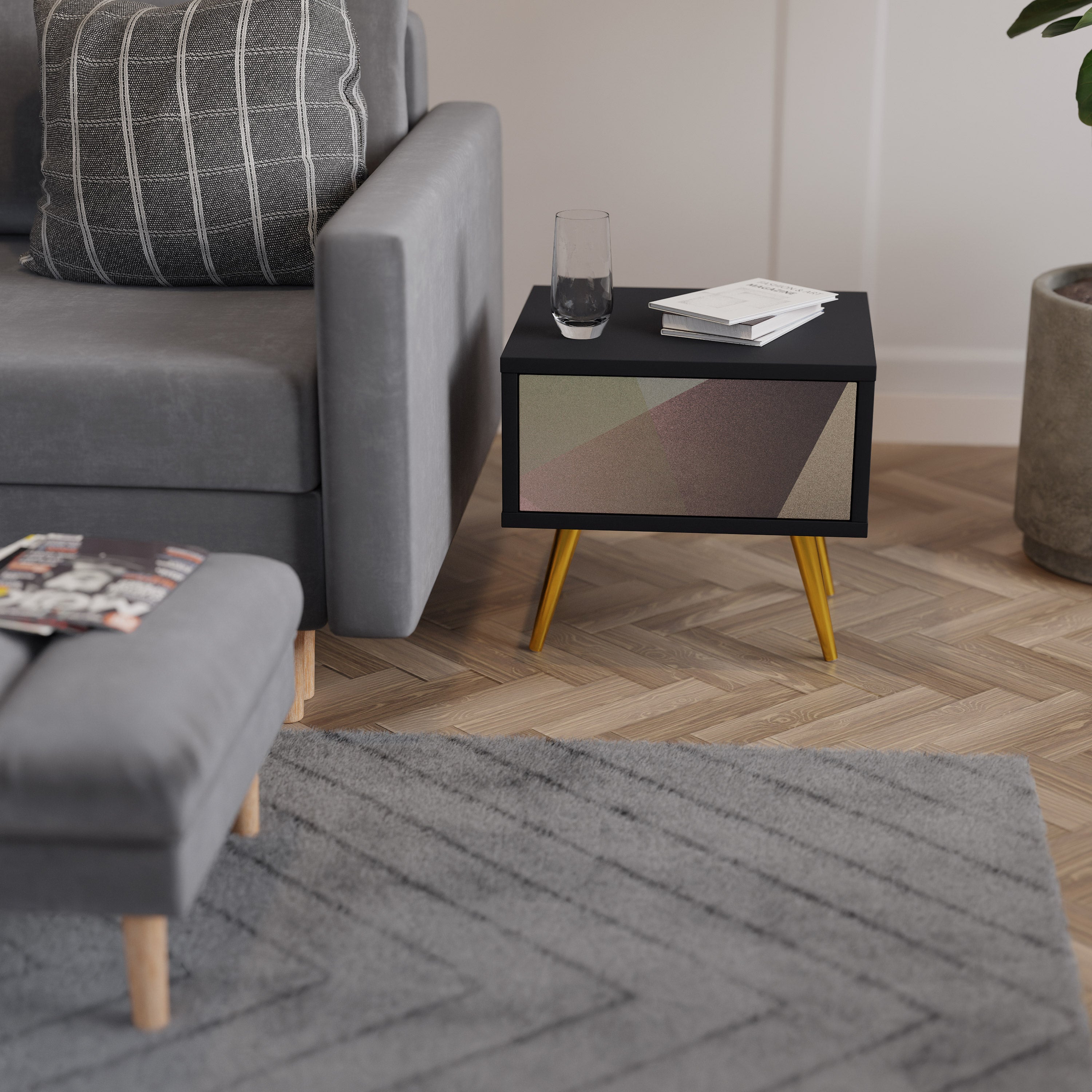 BEIGE GEOMETRY Nightstand in Black Finish