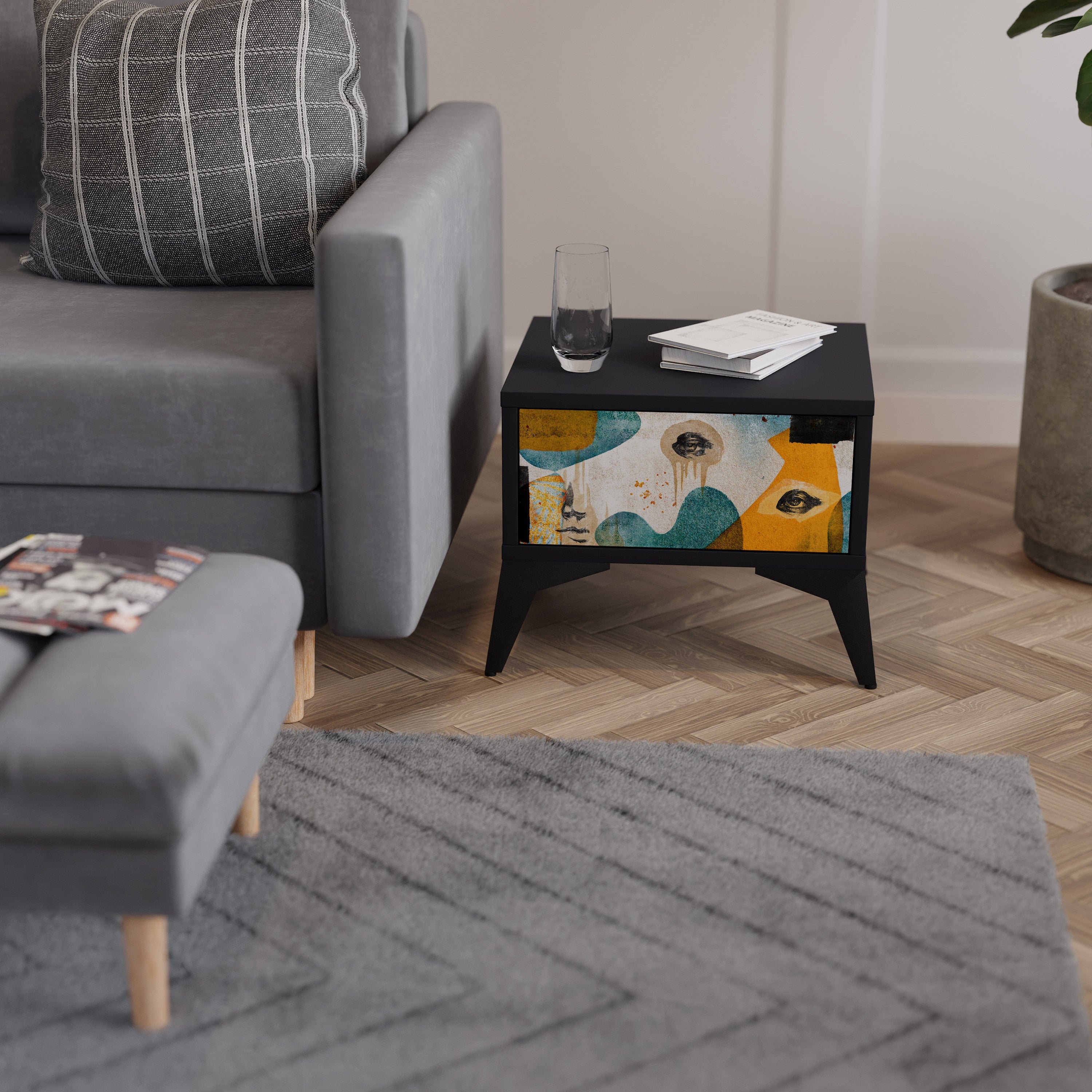 Table de chevet ABSTRACT FACES en finition noire