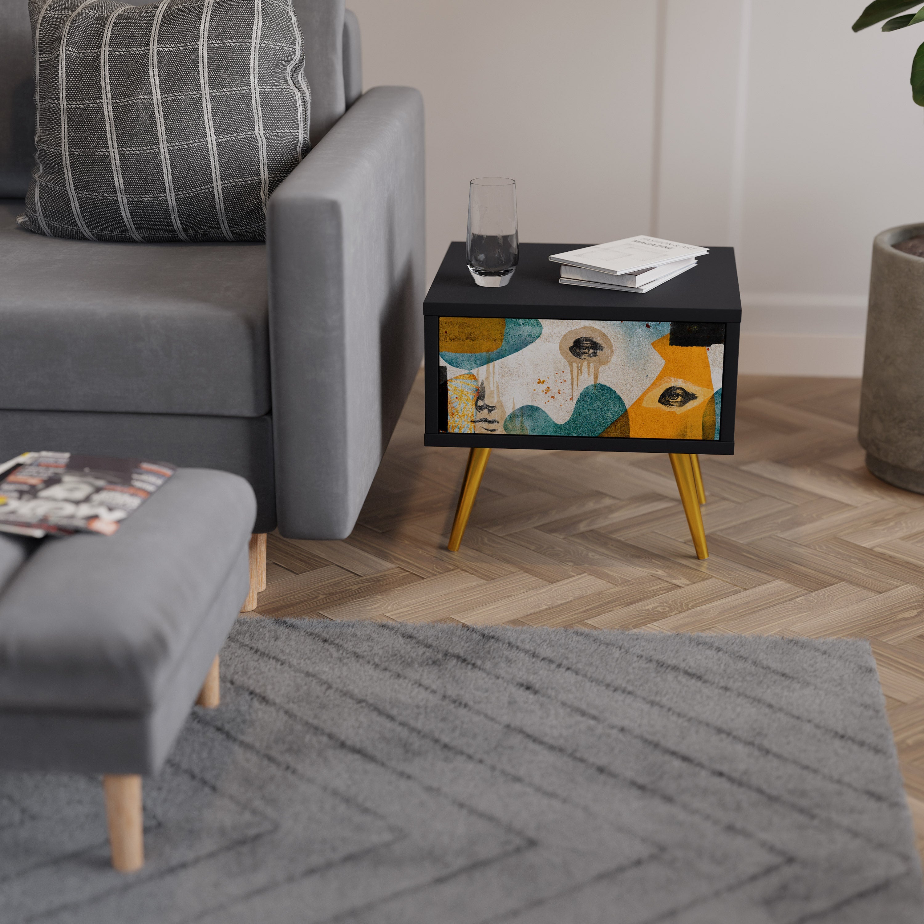 Table de chevet ABSTRACT FACES en finition noire