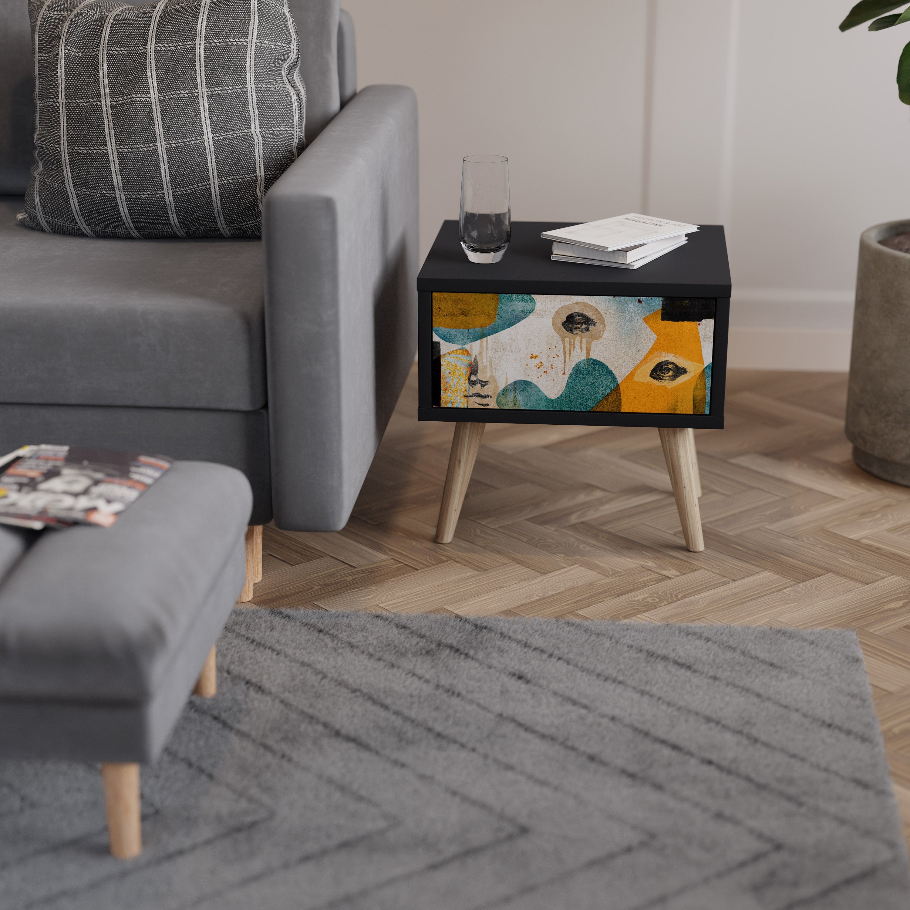 Table de chevet ABSTRACT FACES en finition noire