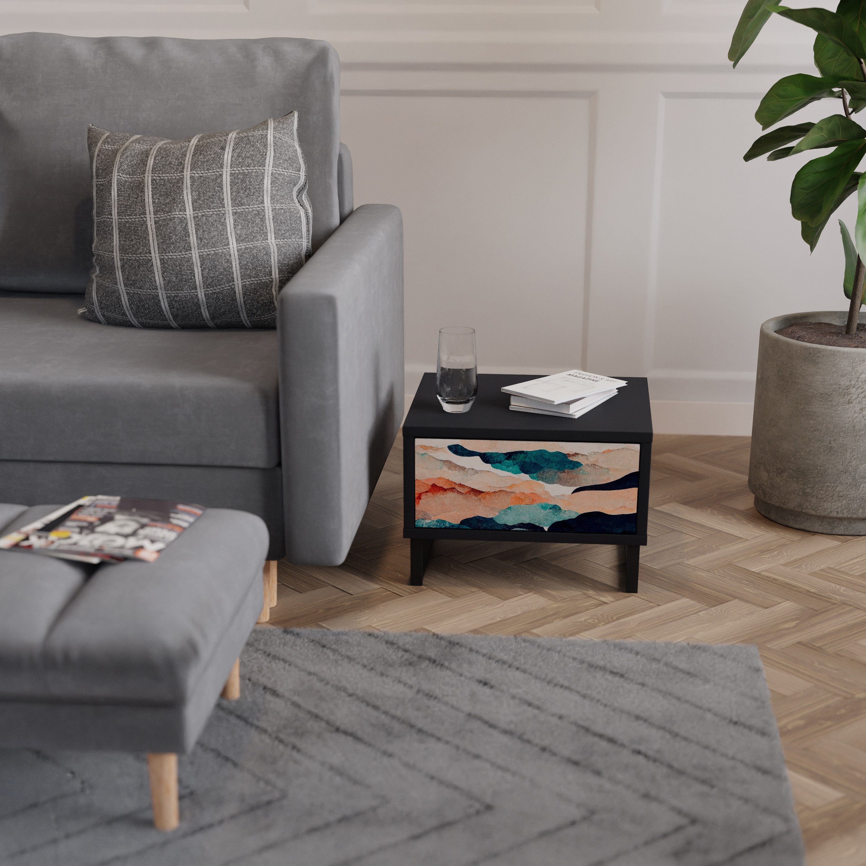 Table de chevet PAYSAGE ABSTRAIT en finition noire