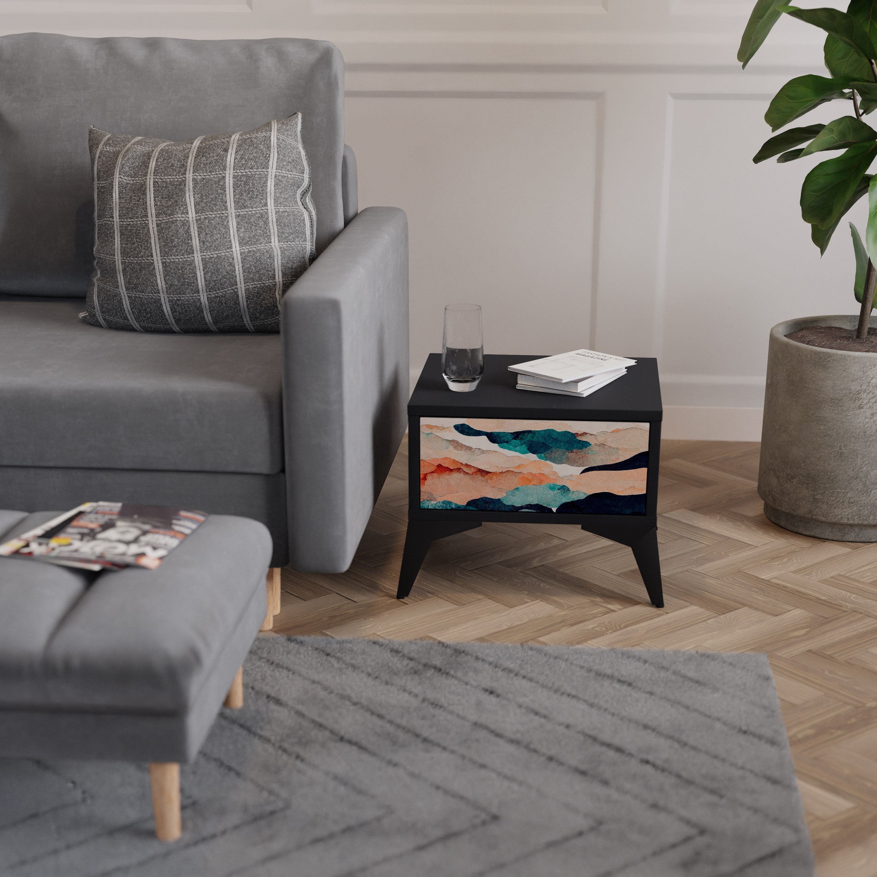 Table de chevet PAYSAGE ABSTRAIT en finition noire