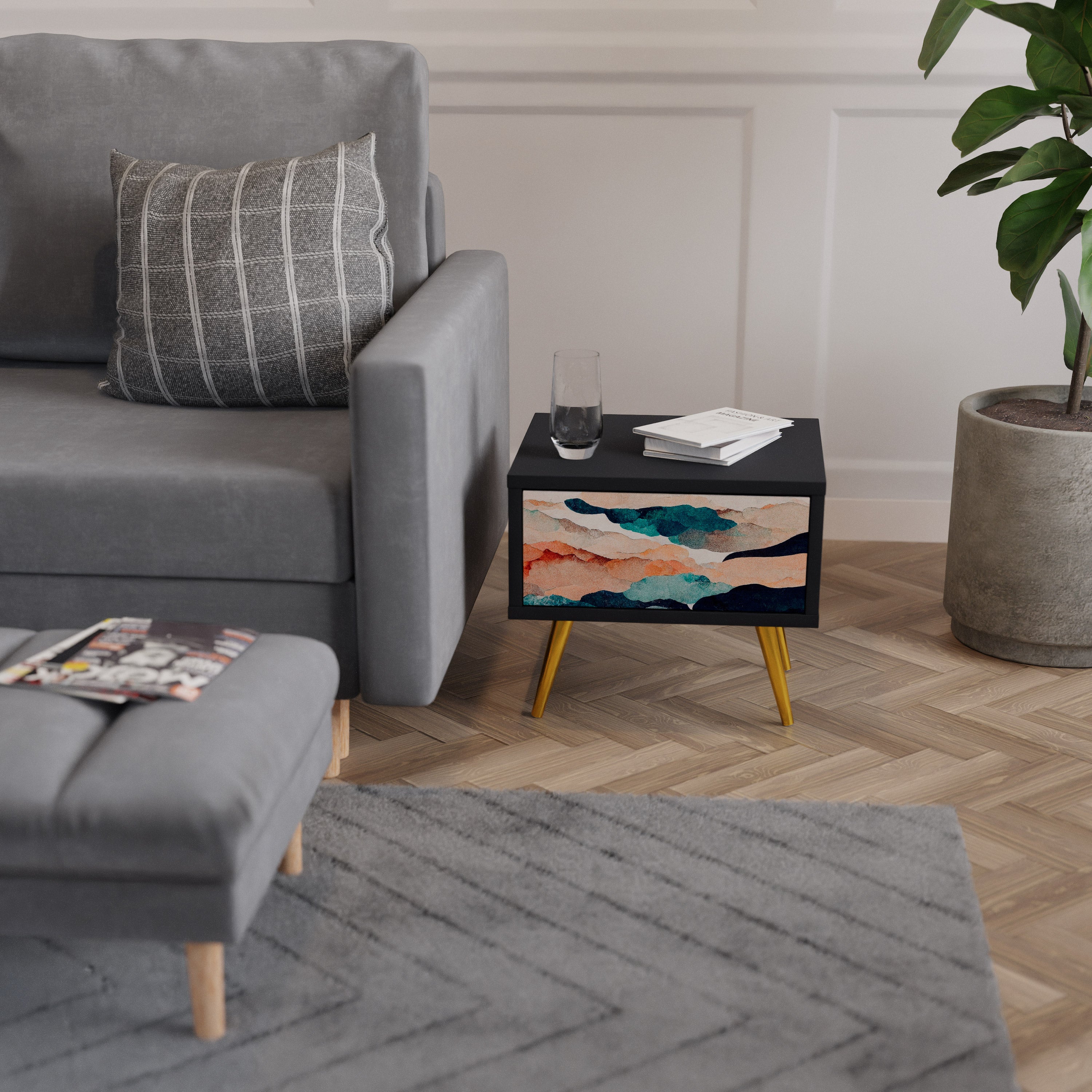 Table de chevet PAYSAGE ABSTRAIT en finition noire