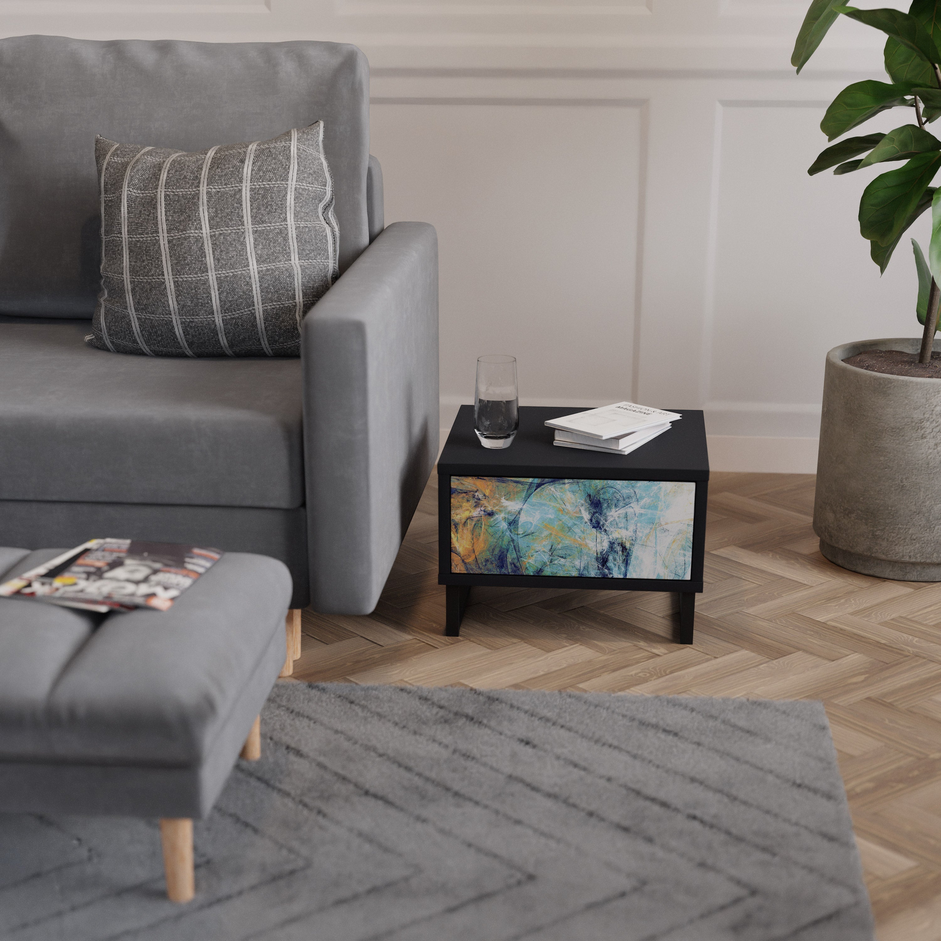 RÉFLEXIONS ABSTRAITES Table de chevet en finition noire