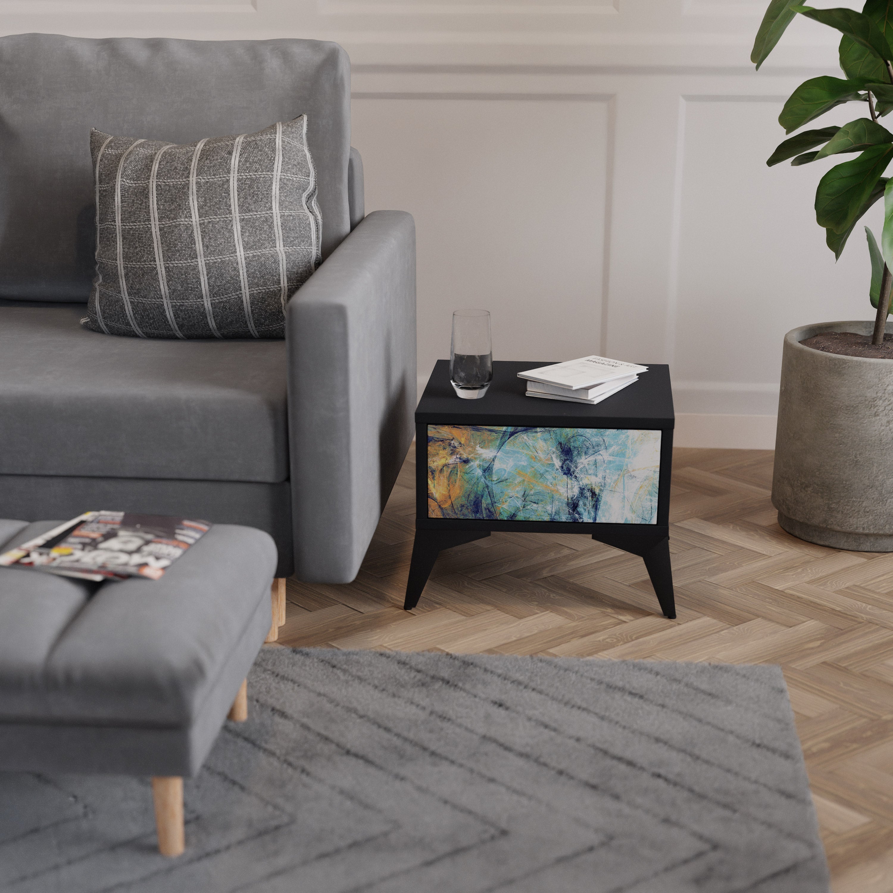 RÉFLEXIONS ABSTRAITES Table de chevet en finition noire