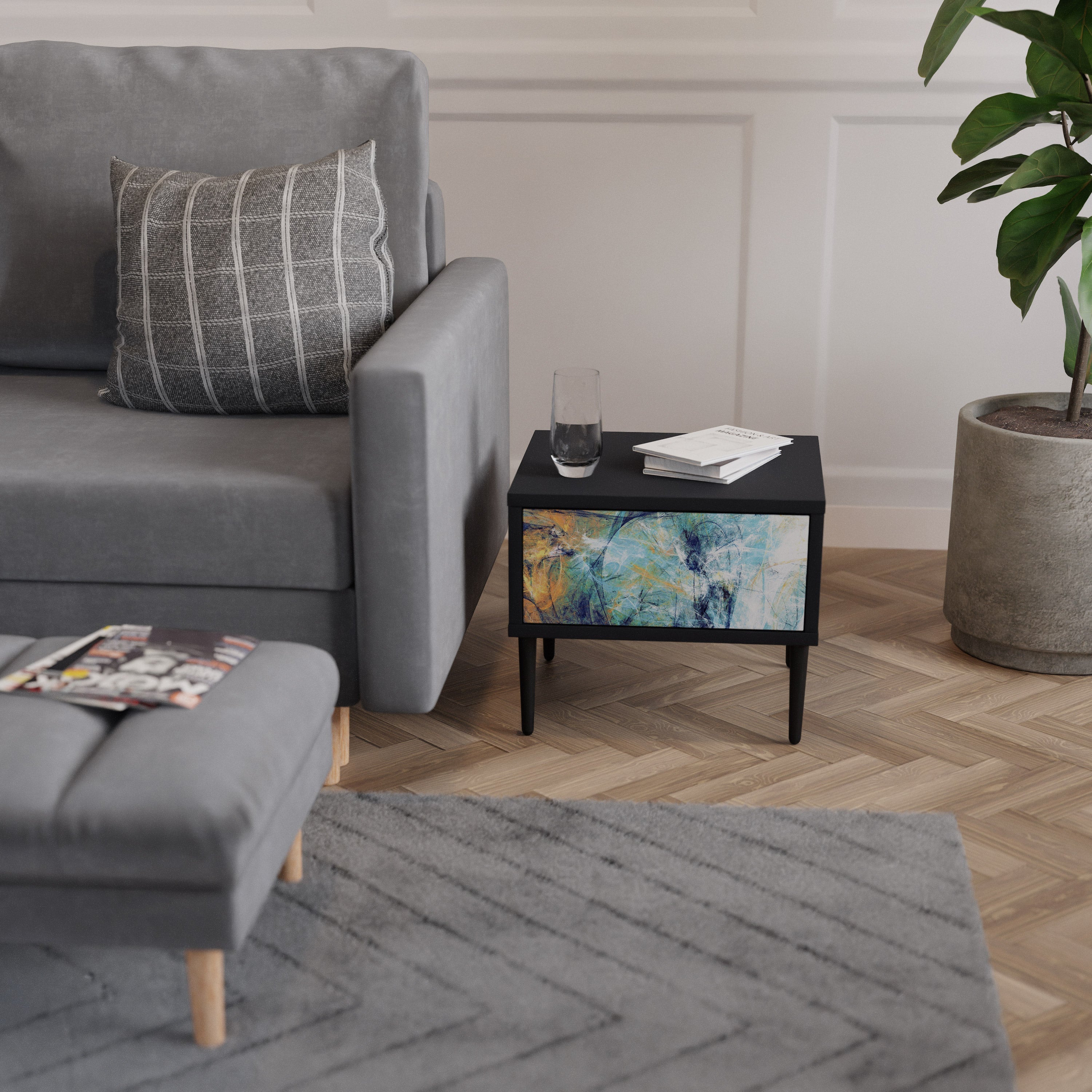 RÉFLEXIONS ABSTRAITES Table de chevet en finition noire