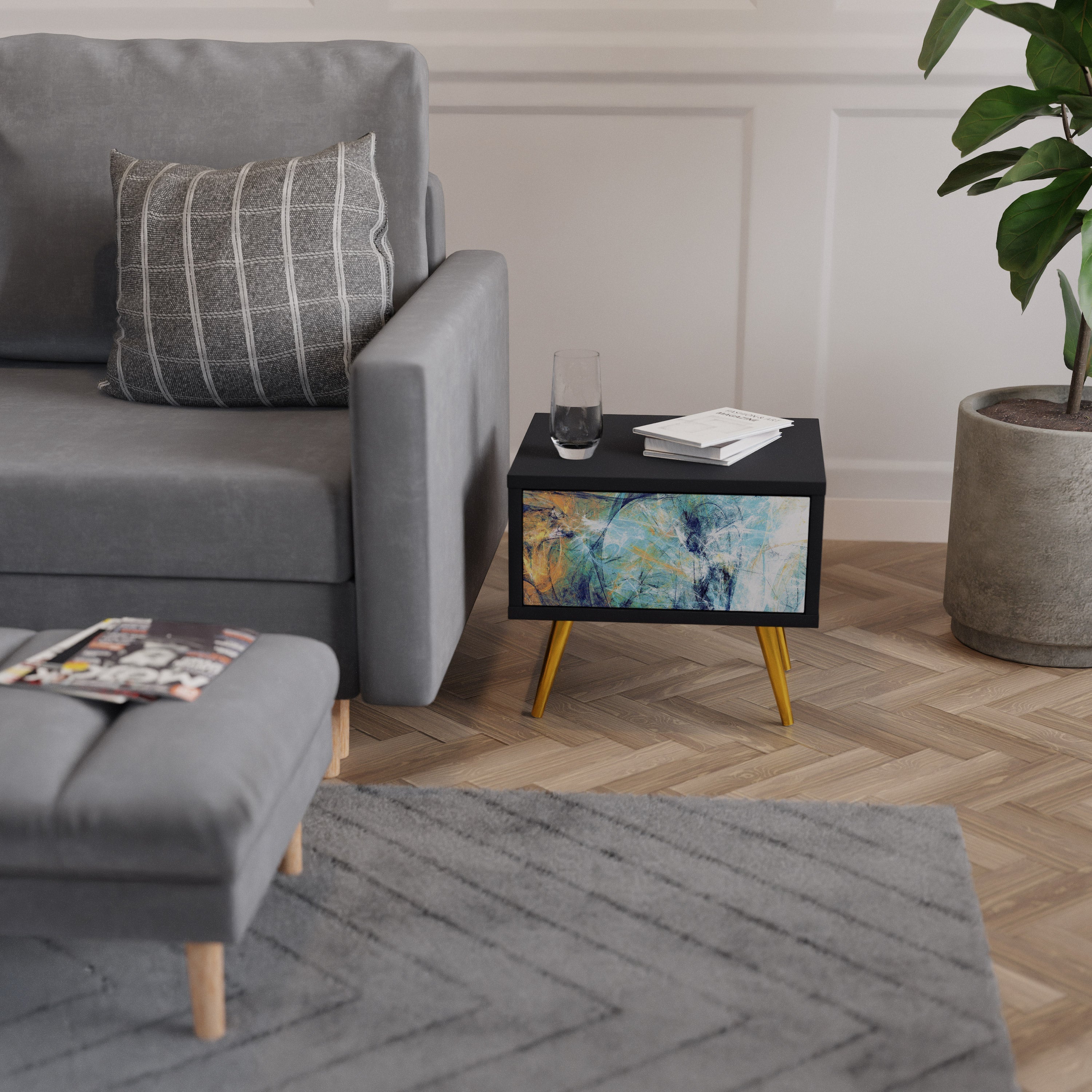 RÉFLEXIONS ABSTRAITES Table de chevet en finition noire