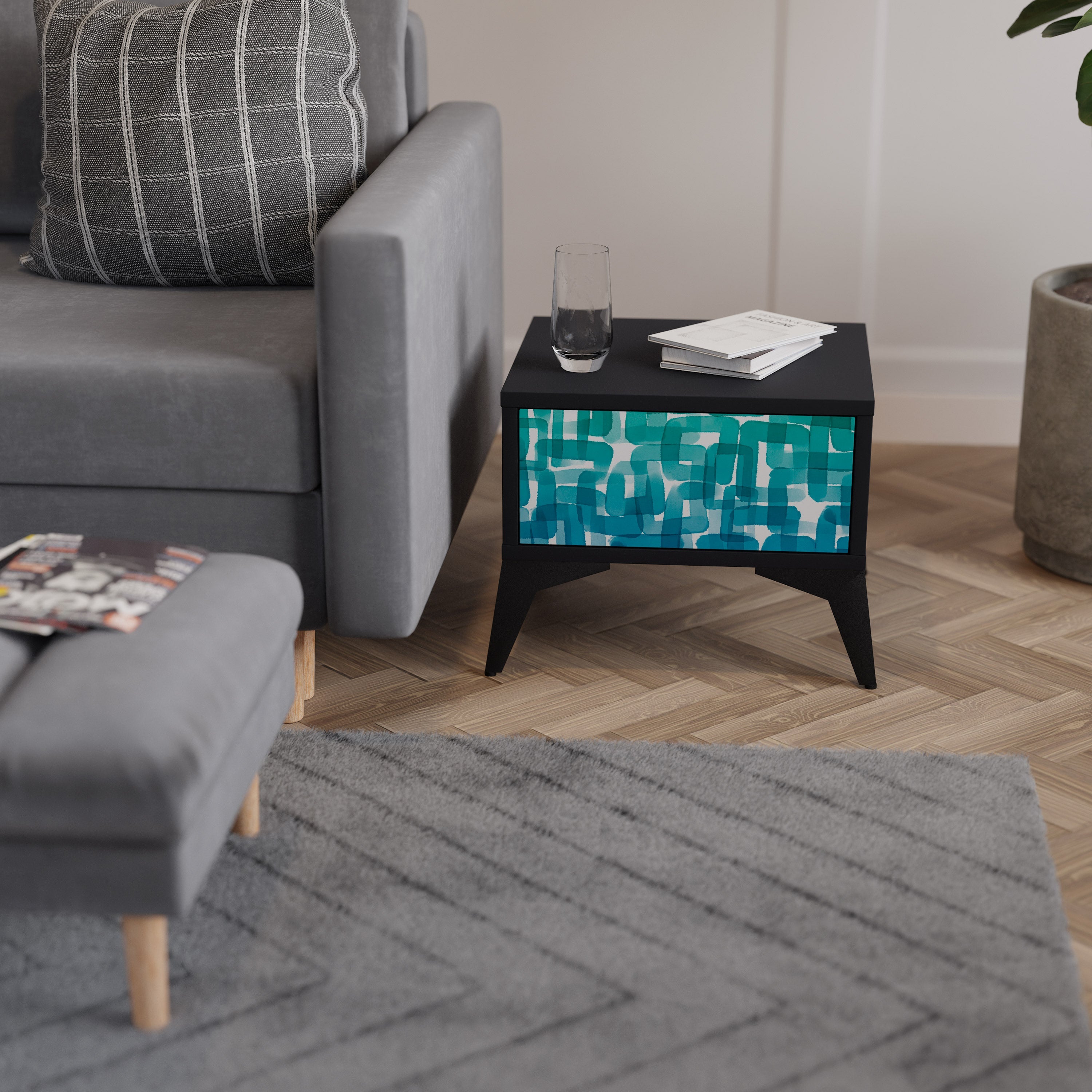 Table de chevet TURQUOISE RECTANGLES en finition noire