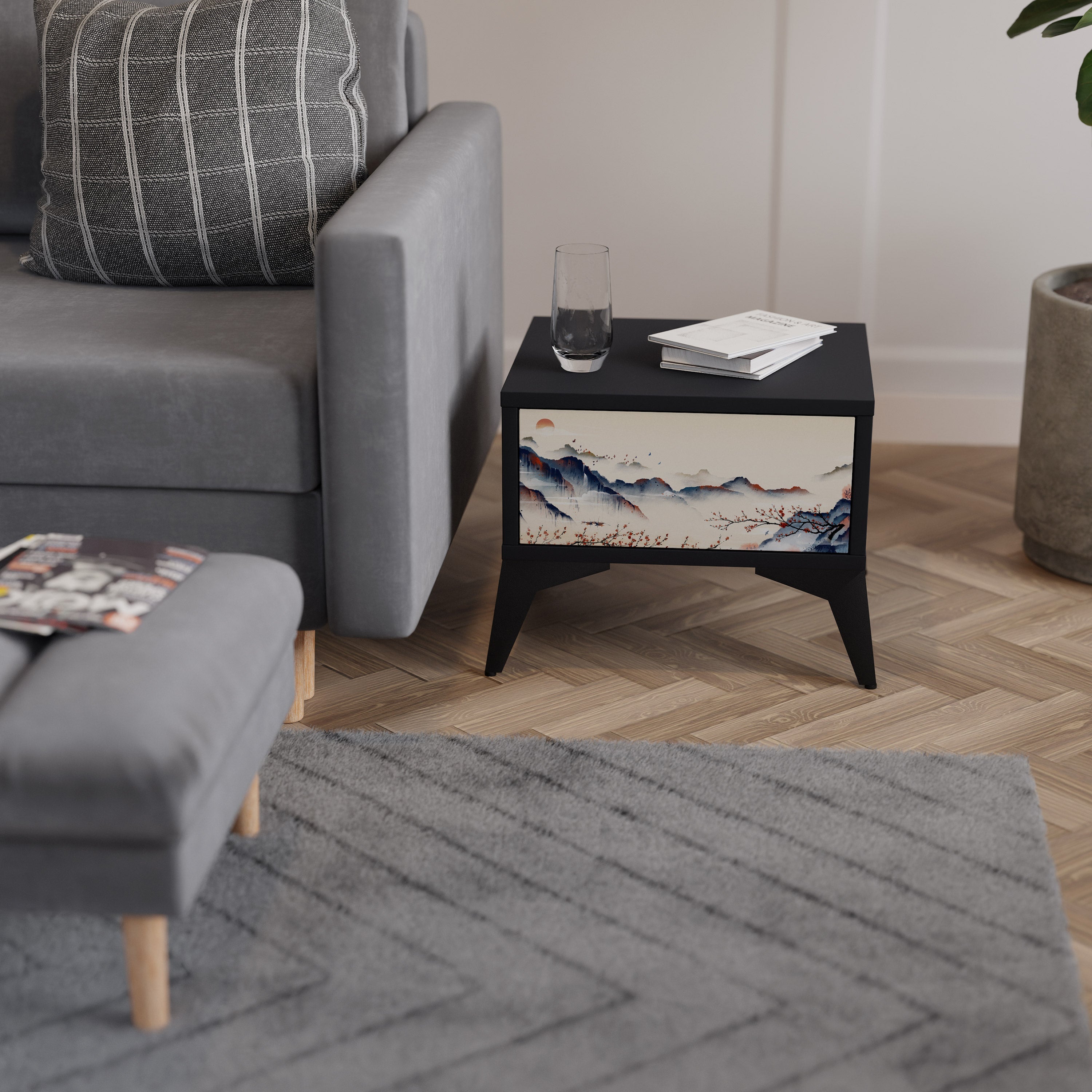 Table de chevet PAYSAGE JAPONAIS en finition noire