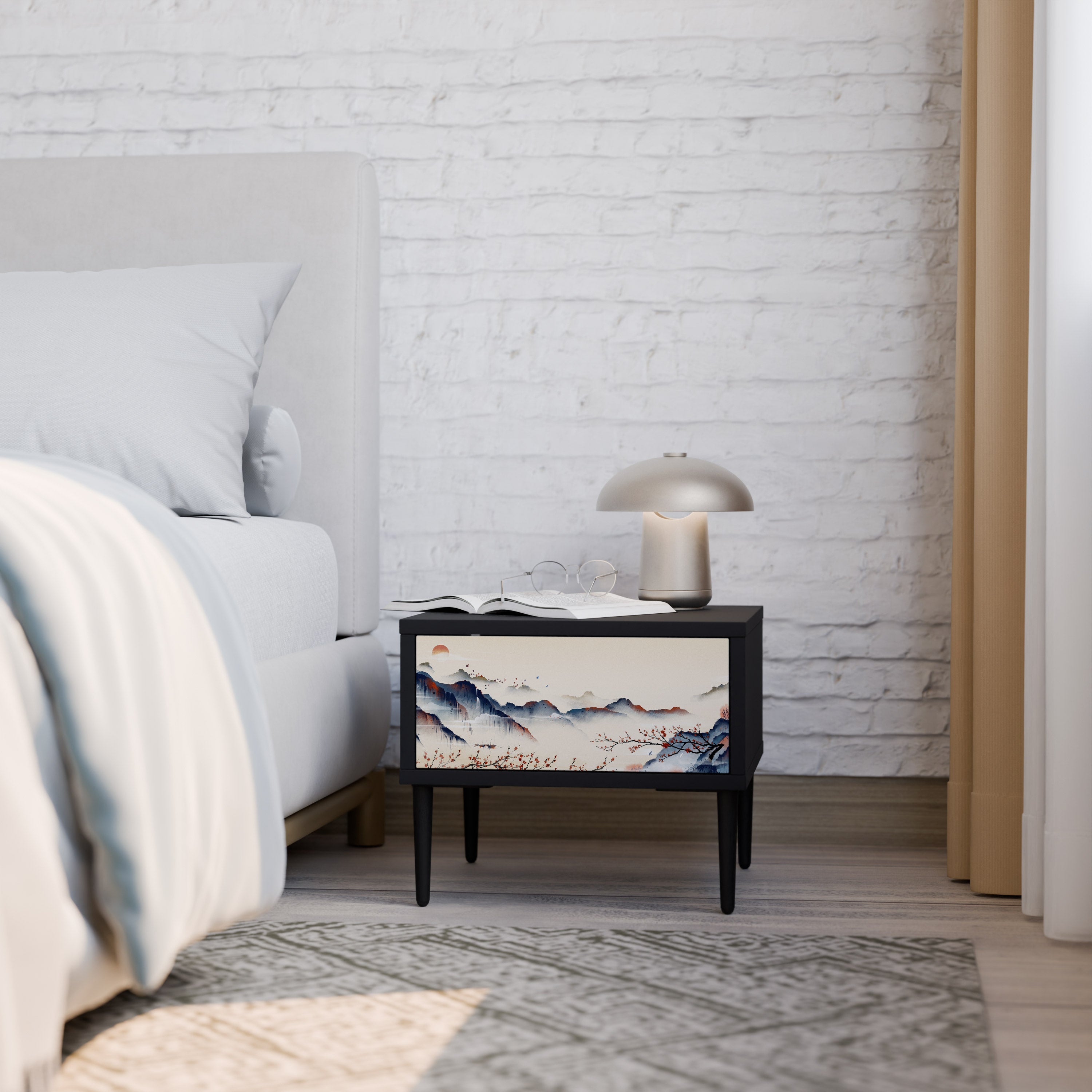 Table de chevet PAYSAGE JAPONAIS en finition noire