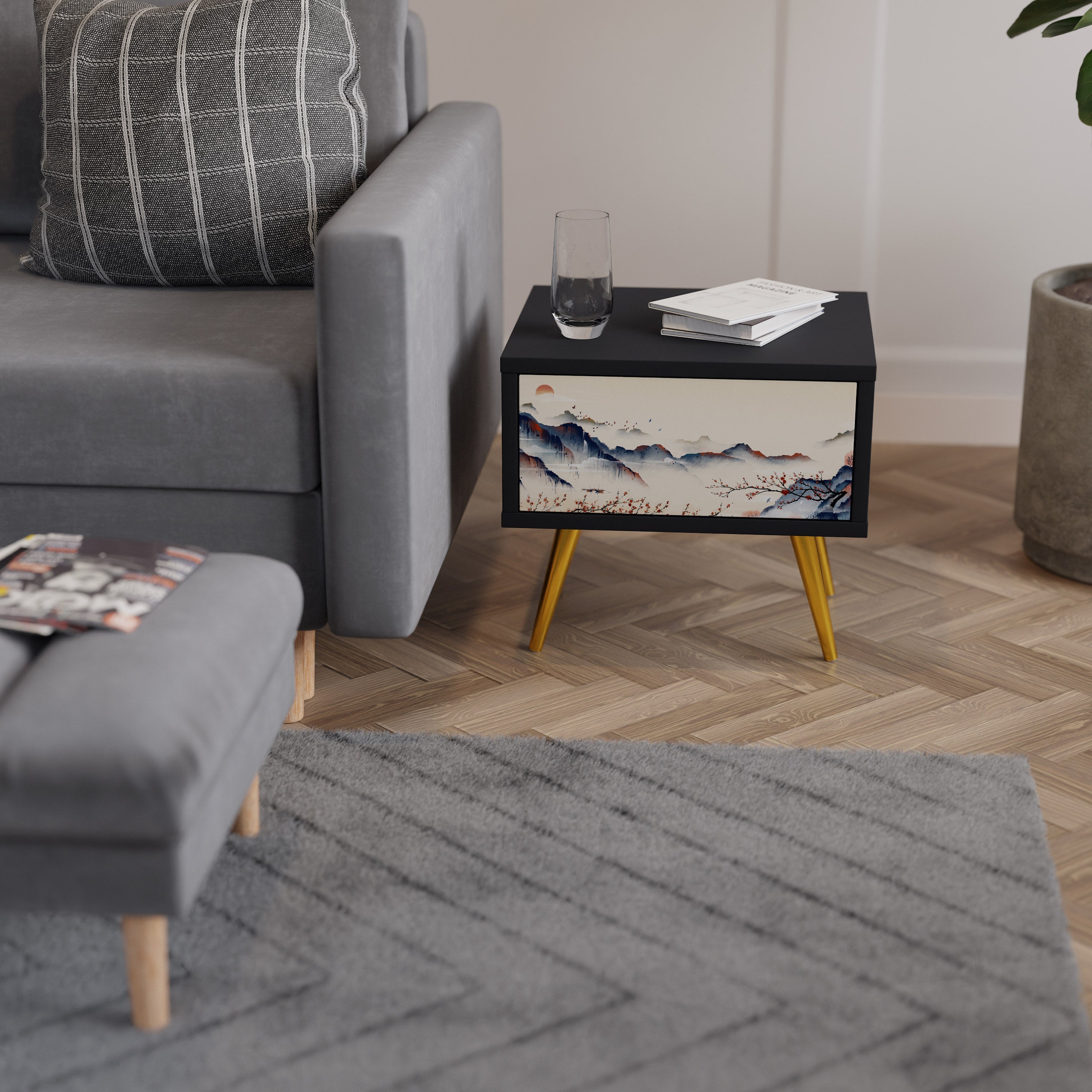 Table de chevet PAYSAGE JAPONAIS en finition noire