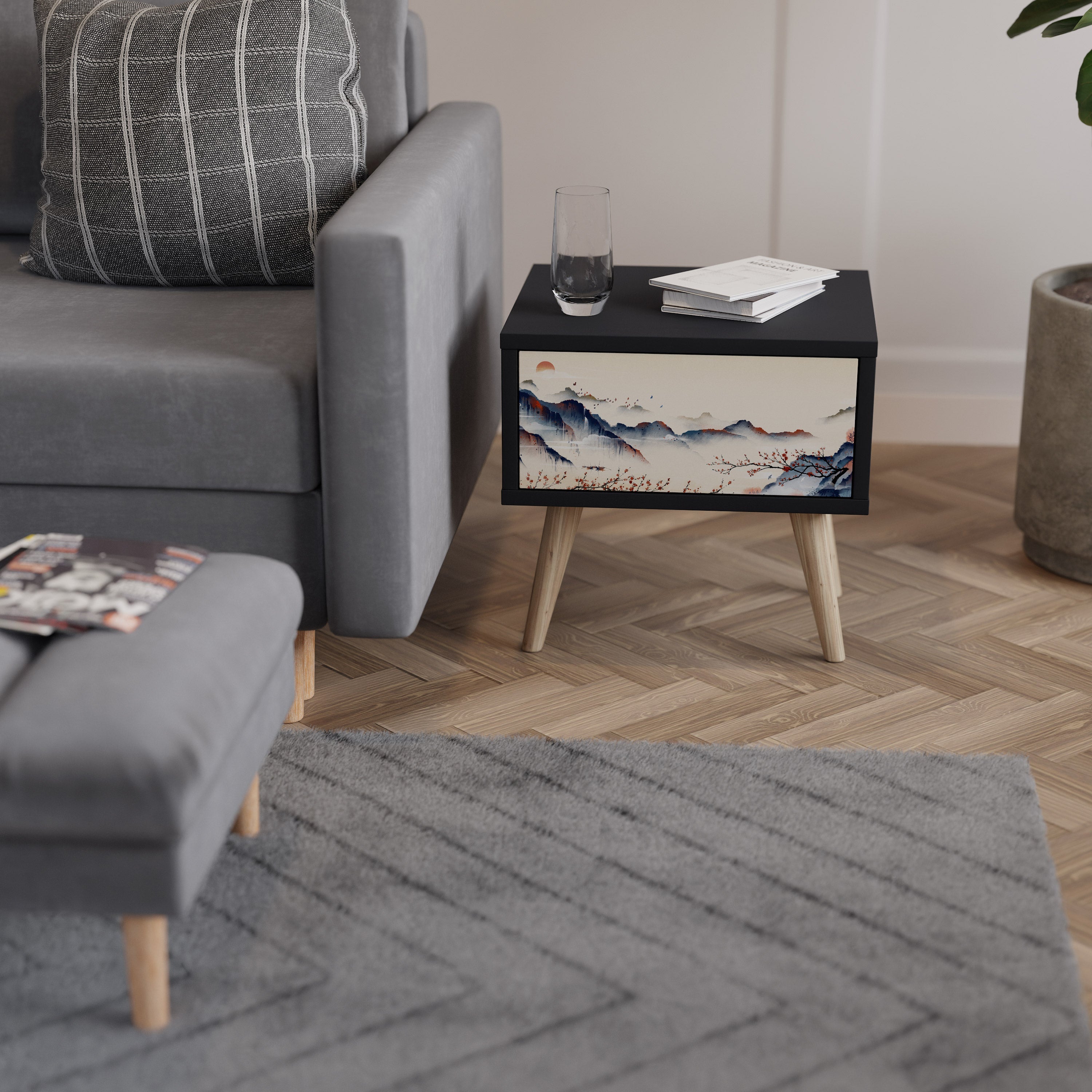 Table de chevet PAYSAGE JAPONAIS en finition noire